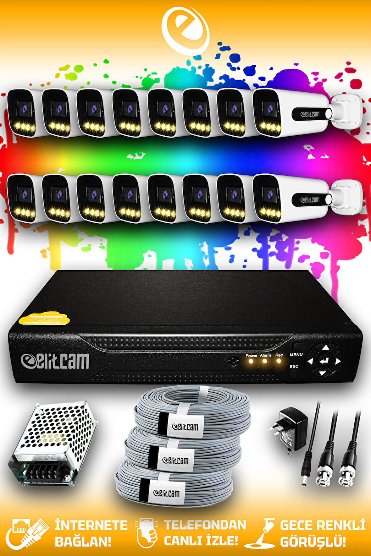 ELITCAM 16 Kameralı Zebra 16 Dış Kamera Set HDD'siz Full HD Renkli Gece Görüşlü Güvenlik Kamerası Sistemi