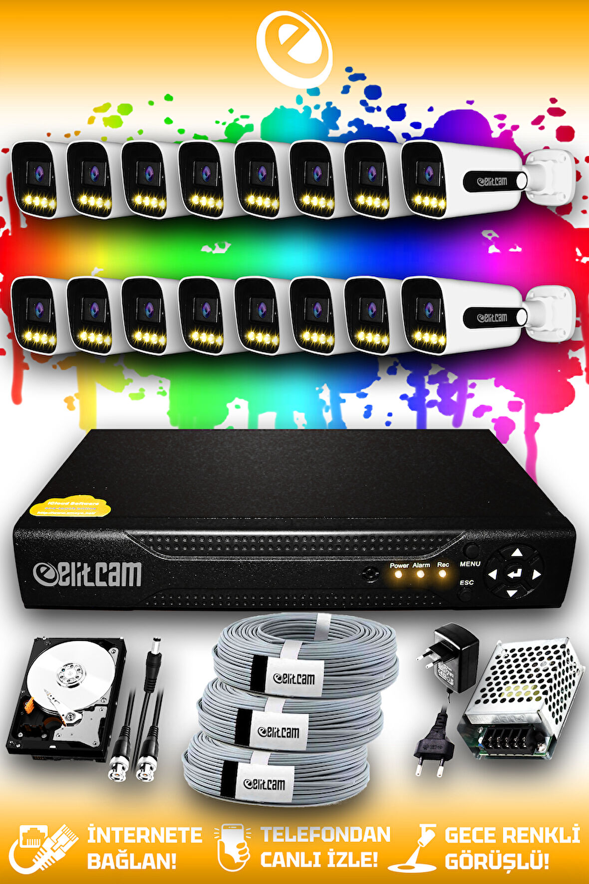 ELITCAM 16 Kameralı Zebra 16 Dış Kamera Set 100 GB HDD Full HD Renkli Gece Görüşlü Güvenlik Kamerası Sistemi