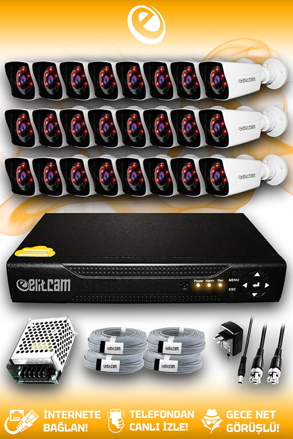 ELITCAM 24 Kameralı Kare 24 Dış Kamera Set HDD'siz Full HD Gece Görüşlü Güvenlik Kamerası Sistemi