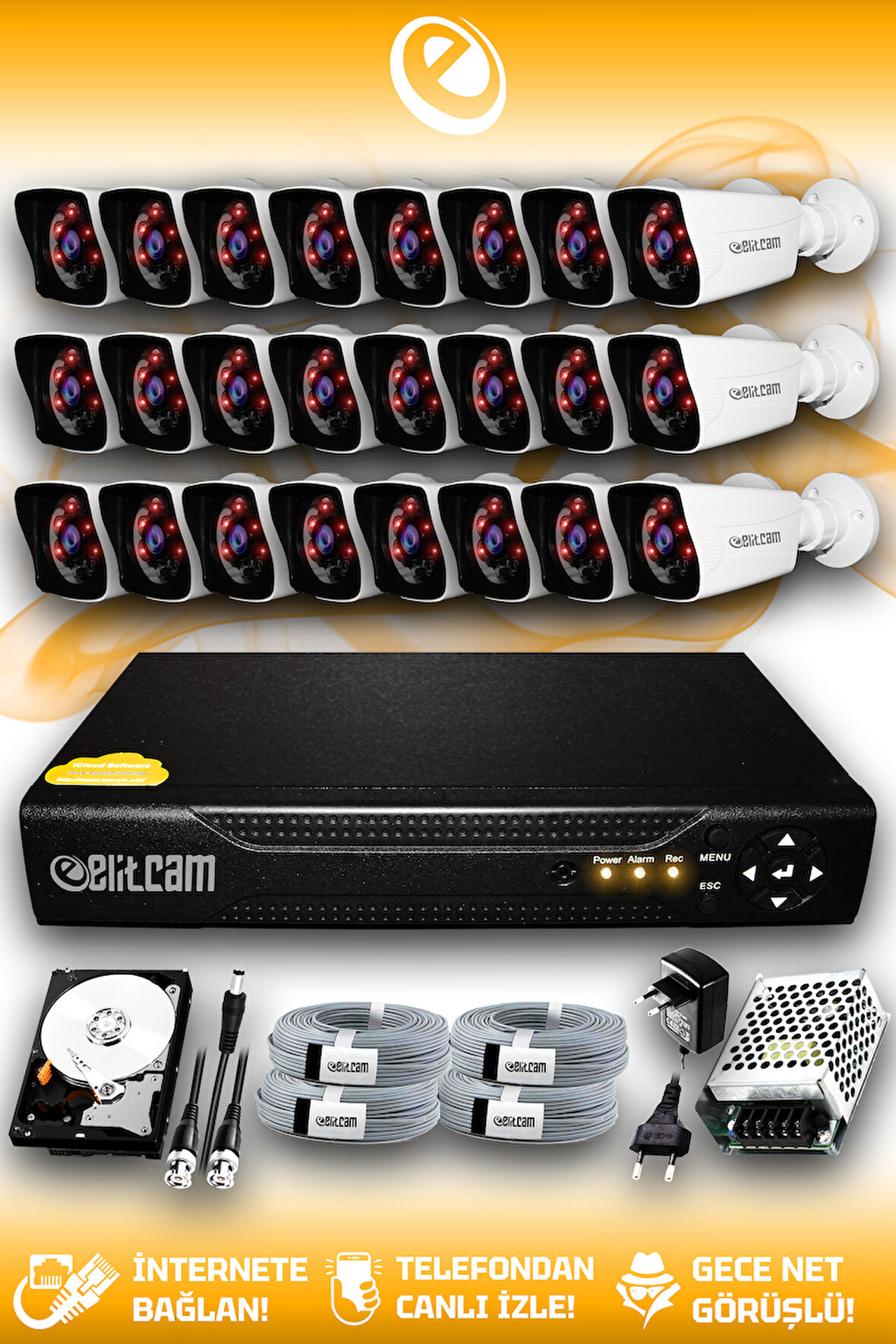 ELITCAM 24 Kameralı Kare 24 Dış Kamera Set 250 GB HDD Full HD Gece Görüşlü Güvenlik Kamerası Sistemi