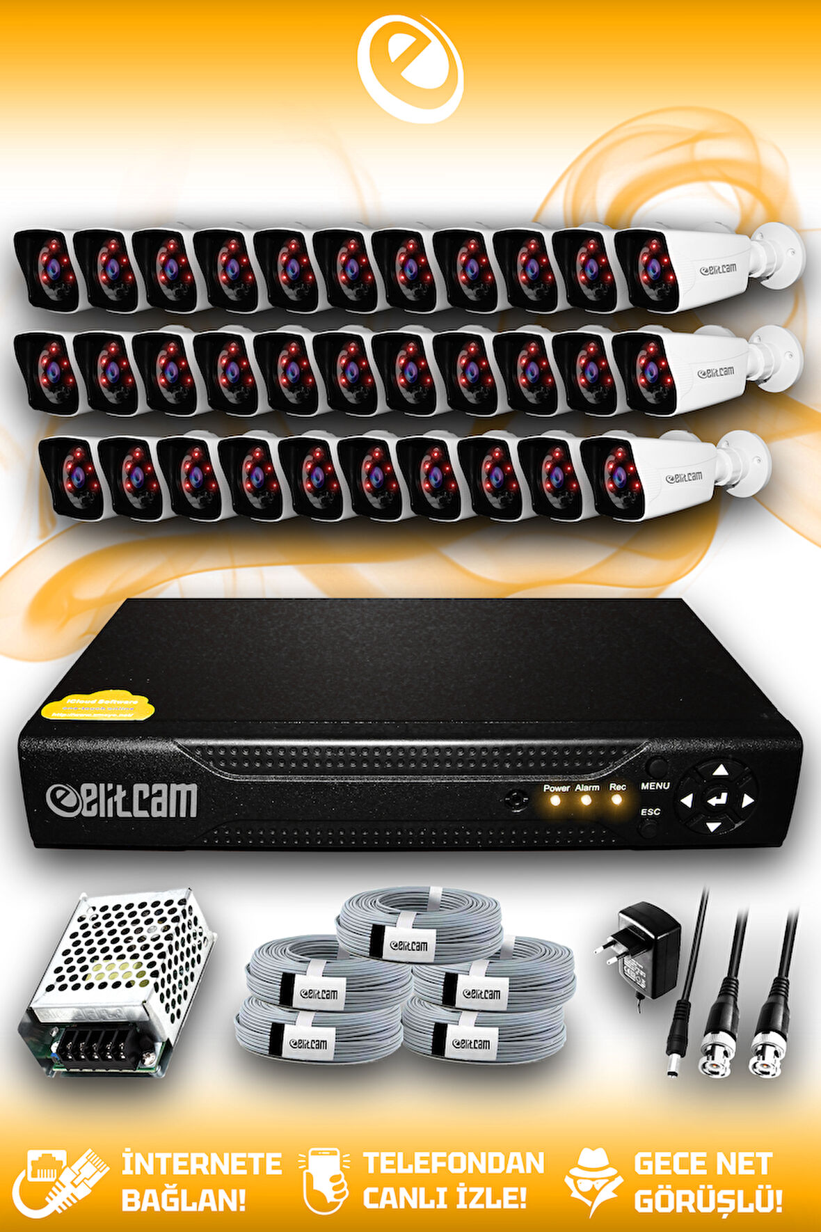 ELITCAM 32 Kameralı Kare 32 Dış Kamera Set HDD'siz Full HD Gece Görüşlü Güvenlik Kamerası Sistemi