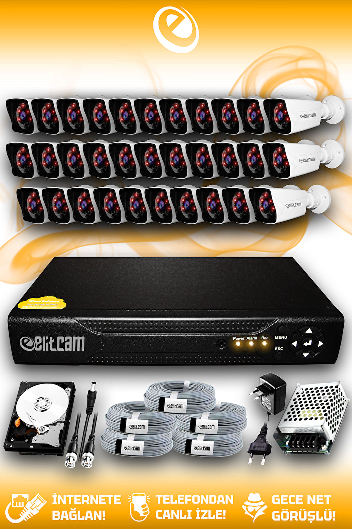 ELITCAM 32 Kameralı Kare 32 Dış Kamera Set 1 TB HDD Full HD Gece Görüşlü Güvenlik Kamerası Sistemi