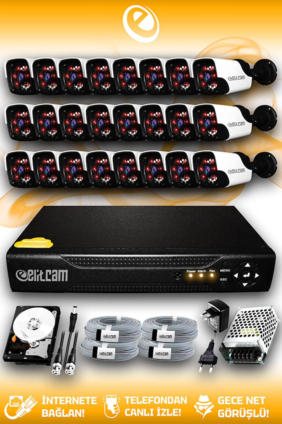 ELITCAM 24 Kameralı Panda 24 Dış Kamera Set 2 TB HDD Full HD Gece Görüşlü Güvenlik Kamerası Sistemi