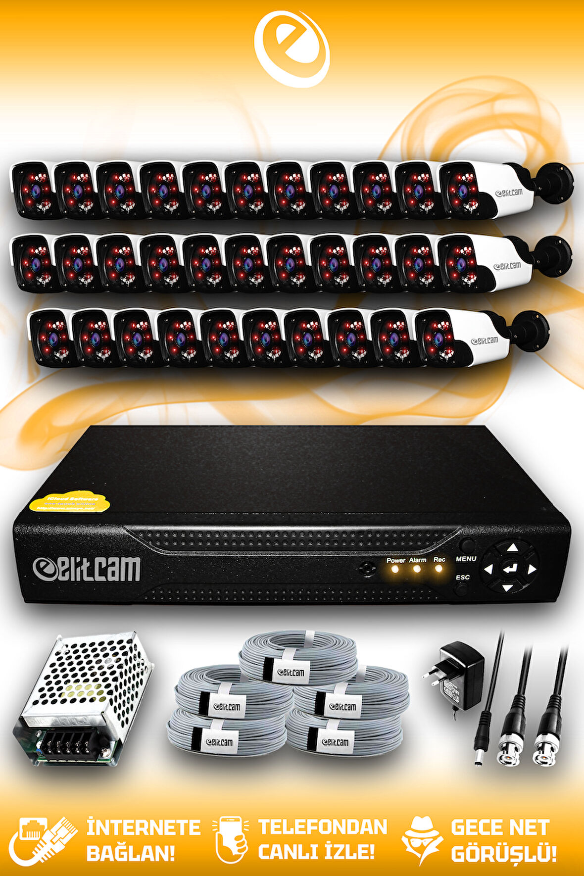 ELITCAM 32 Kameralı Panda 32 Dış Kamera Set HDD'siz Full HD Gece Görüşlü Güvenlik Kamerası Sistemi