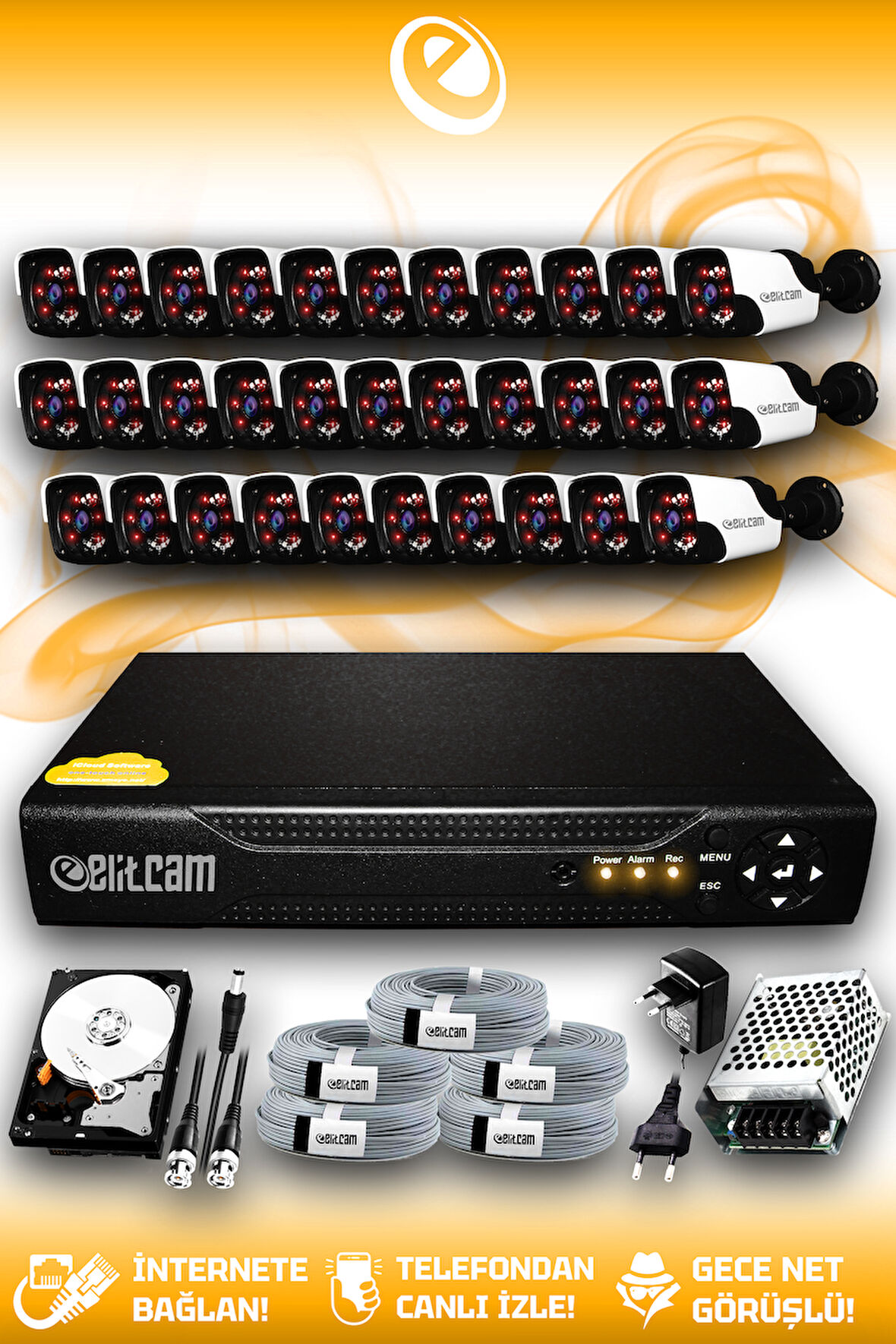 ELITCAM 32 Kameralı Panda 32 Dış Kamera Set 320 GB HDD Full HD Gece Görüşlü Güvenlik Kamerası Sistemi