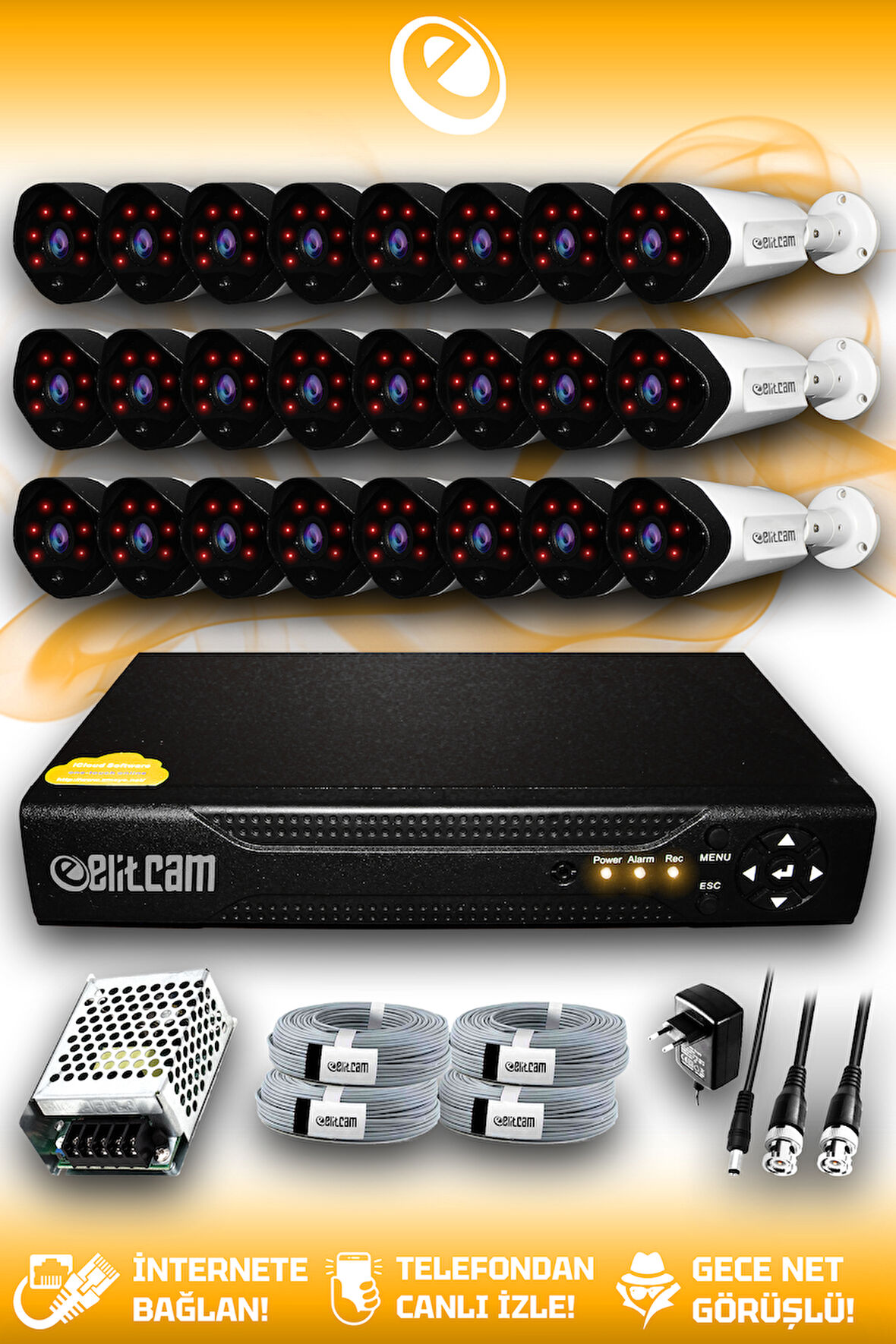 ELITCAM 24 Kameralı Uzay 24 Dış Kamera Set HDD'siz Full HD Gece Görüşlü Güvenlik Kamerası Sistemi