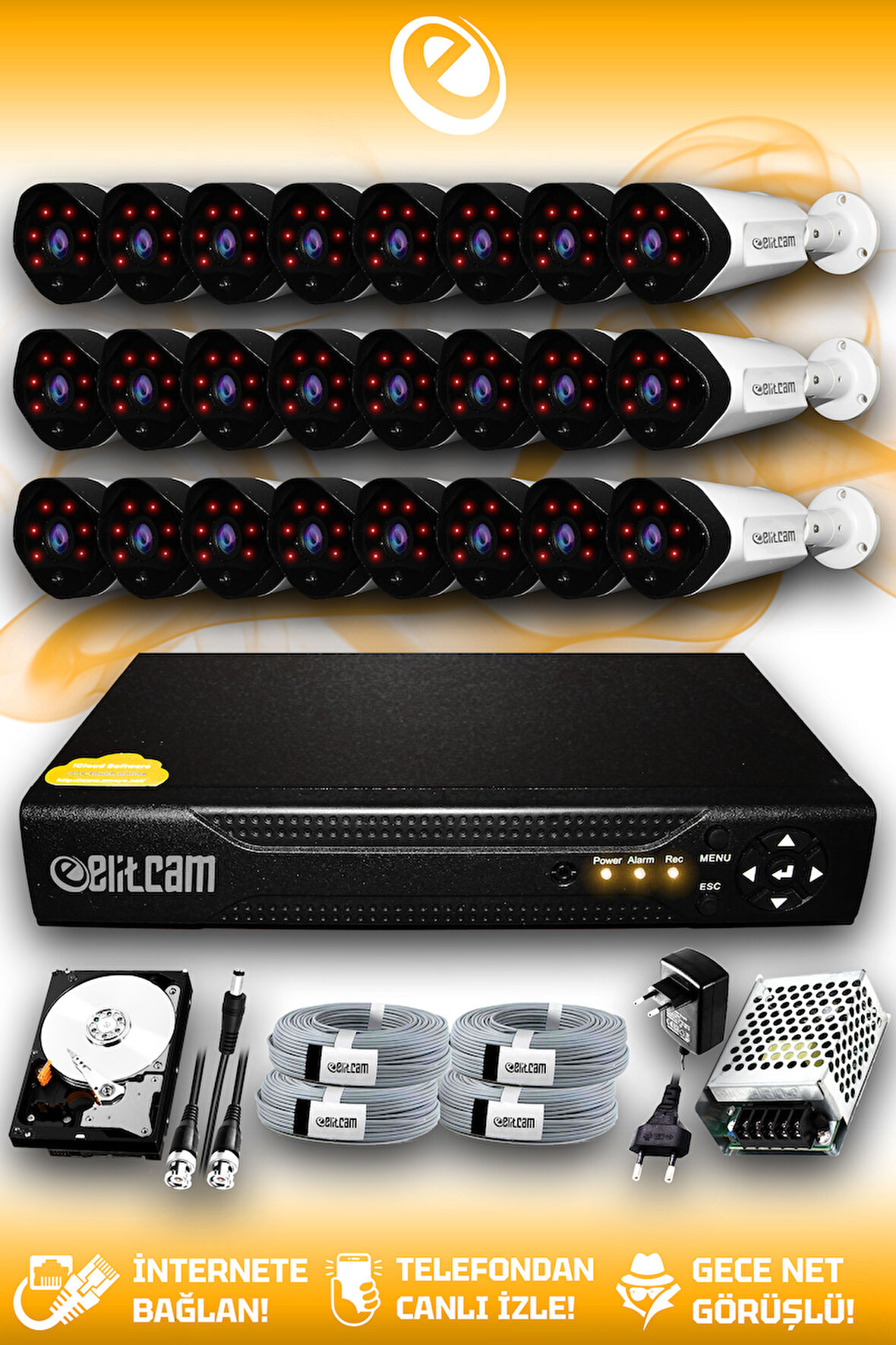 ELITCAM 24 Kameralı Uzay 24 Dış Kamera Set 1 TB HDD Full HD Gece Görüşlü Güvenlik Kamerası Sistemi