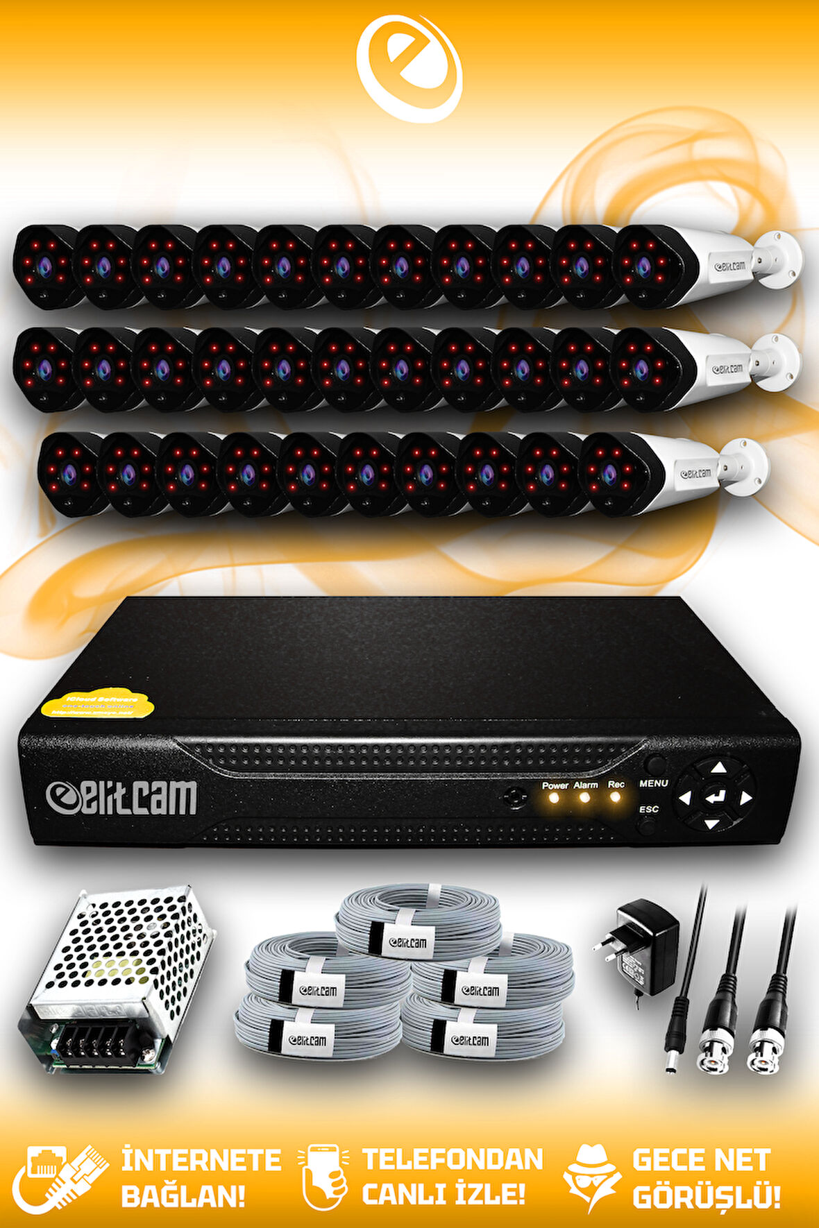 ELITCAM 32 Kameralı Uzay 32 Dış Kamera Set HDD'siz Full HD Gece Görüşlü Güvenlik Kamerası Sistemi