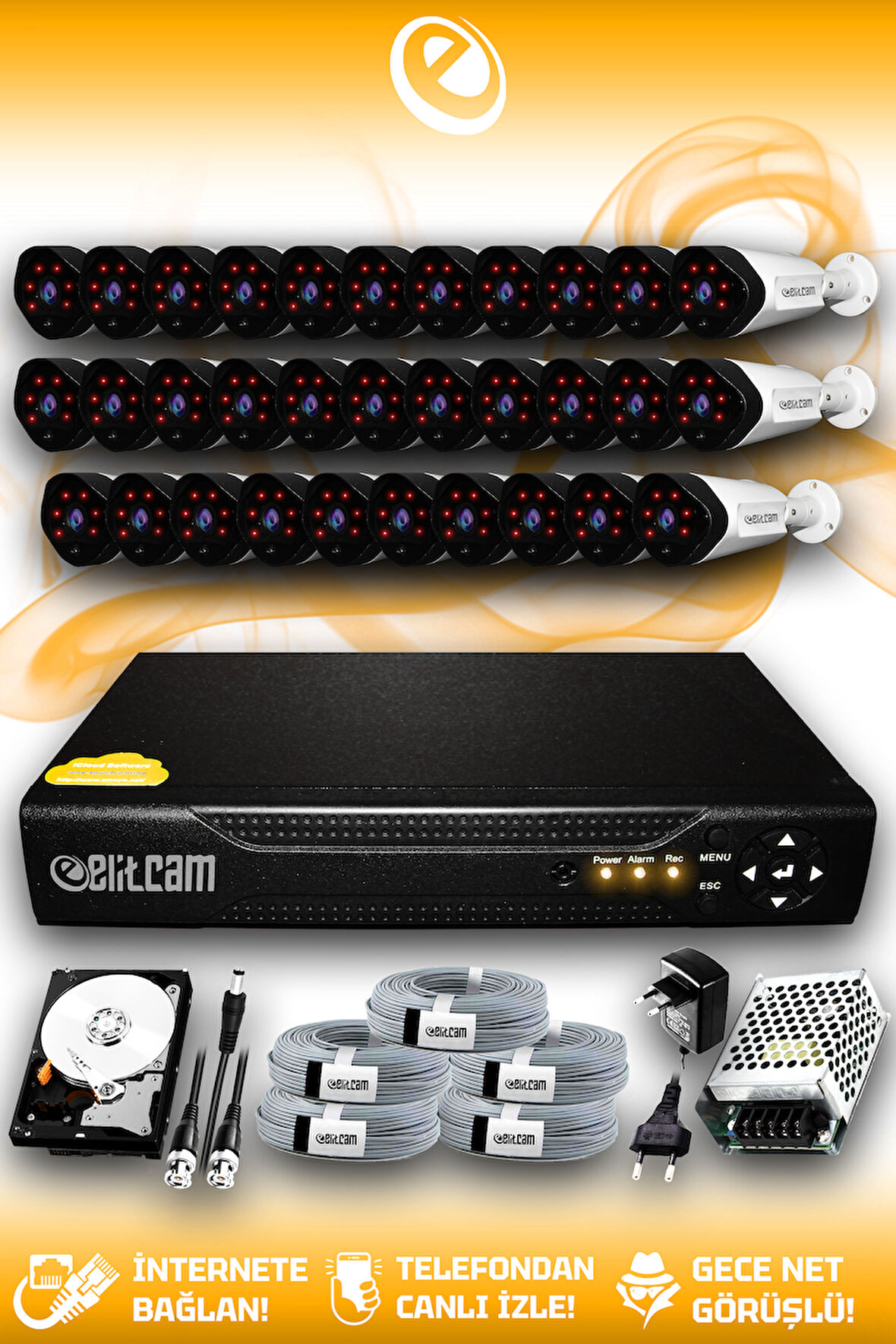 ELITCAM 32 Kameralı Uzay 32 Dış Kamera Set 1 TB HDD Full HD Gece Görüşlü Güvenlik Kamerası Sistemi