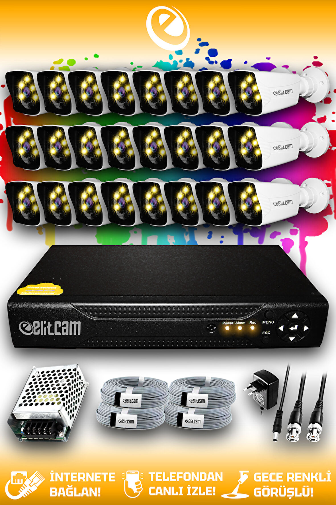 ELITCAM 24 Kameralı Kare 24 Dış Kamera Set HDD'siz Full HD Renkli Gece Görüşlü Güvenlik Kamerası Sistemi