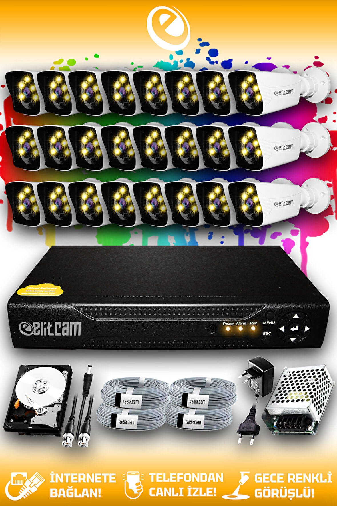 ELITCAM 24 Kameralı Kare 24 Dış Kamera Set 1 TB HDD Full HD Renkli Gece Görüşlü Güvenlik Kamerası Sistemi