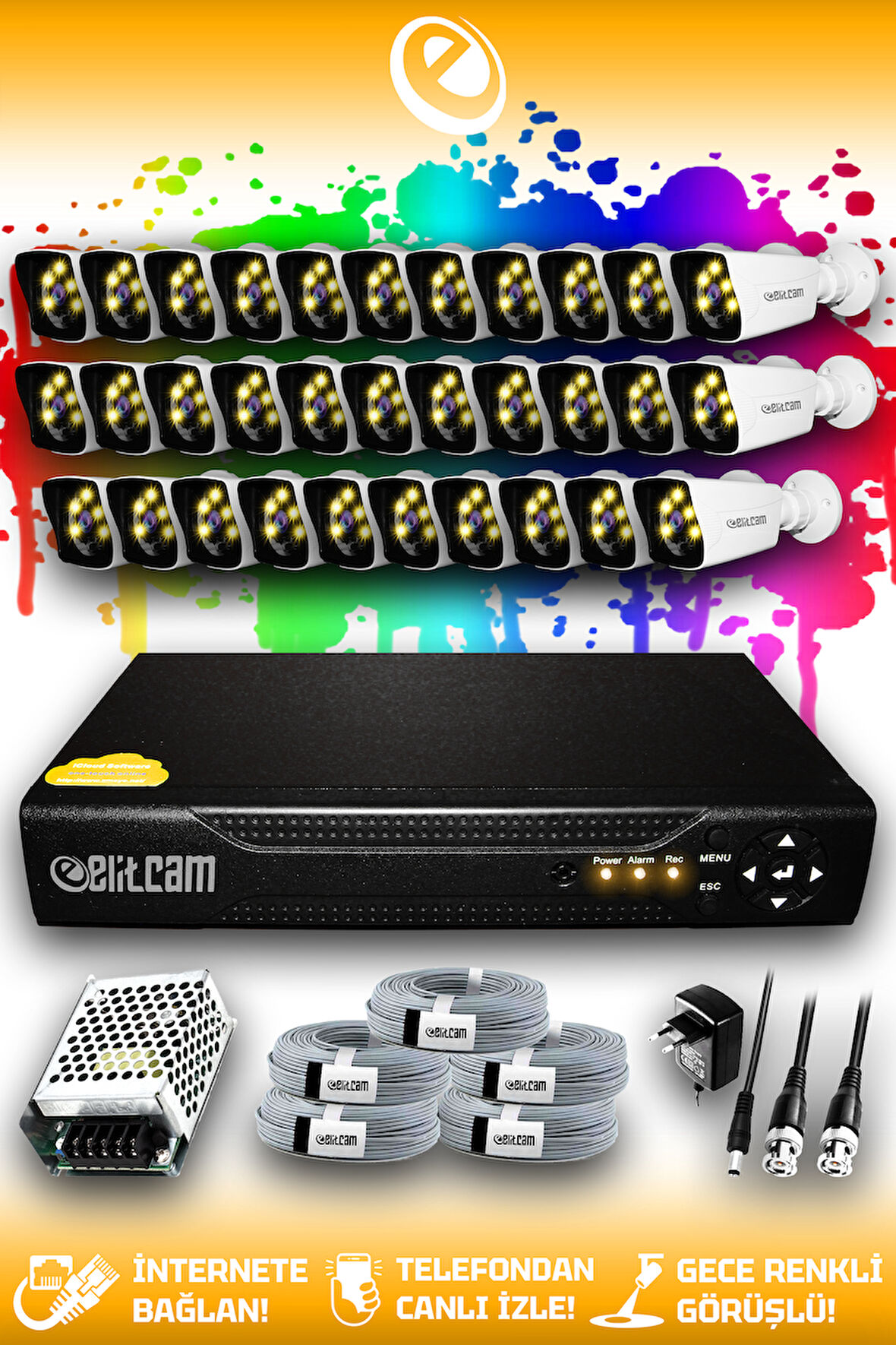 ELITCAM 32 Kameralı Kare 32 Dış Kamera Set HDD'siz Full HD Renkli Gece Görüşlü Güvenlik Kamerası Sistemi