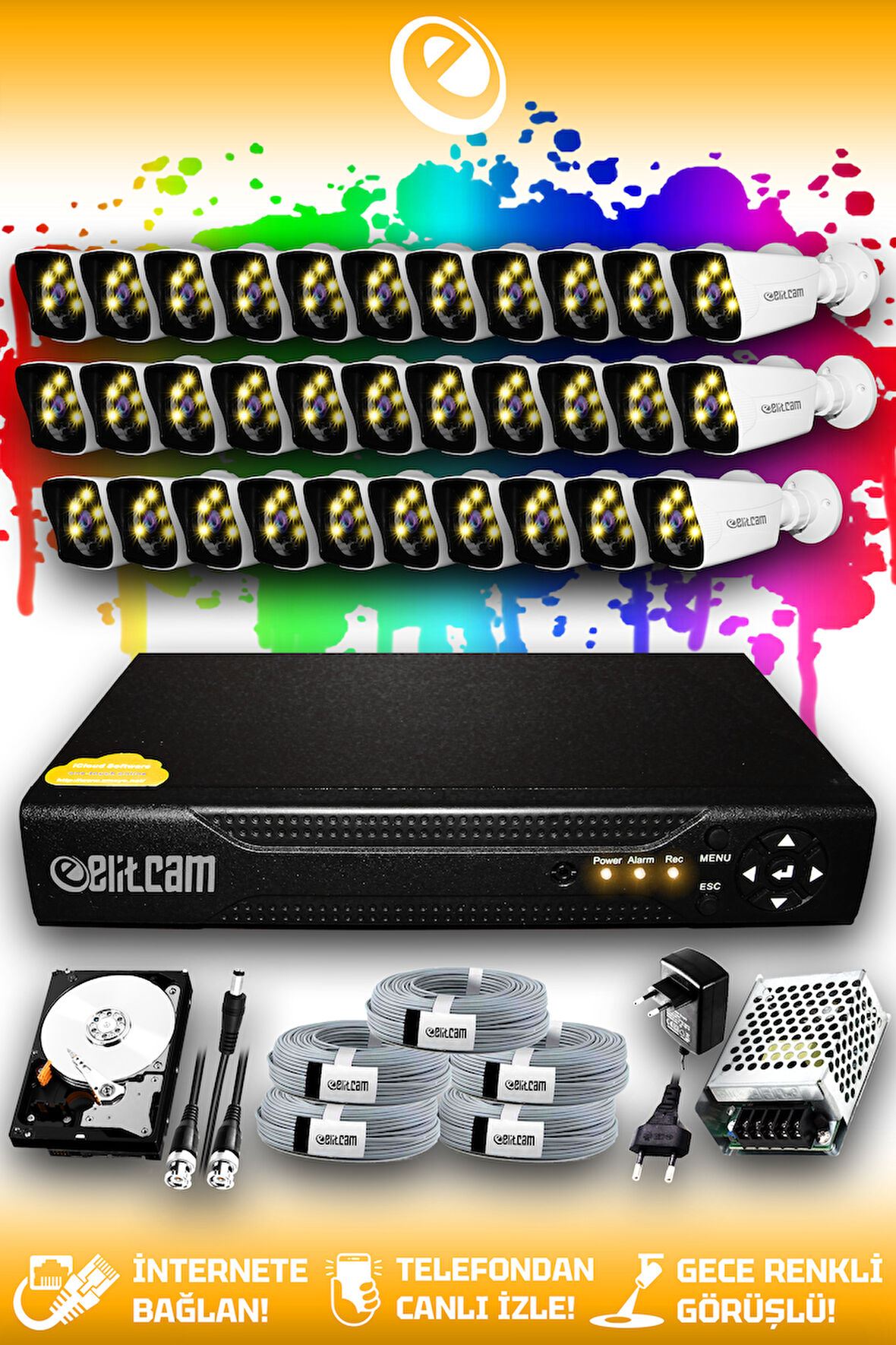 ELITCAM 32 Kameralı Kare 32 Dış Kamera Set 500 GB HDD Full HD Renkli Gece Görüşlü Güvenlik Kamerası Sistemi