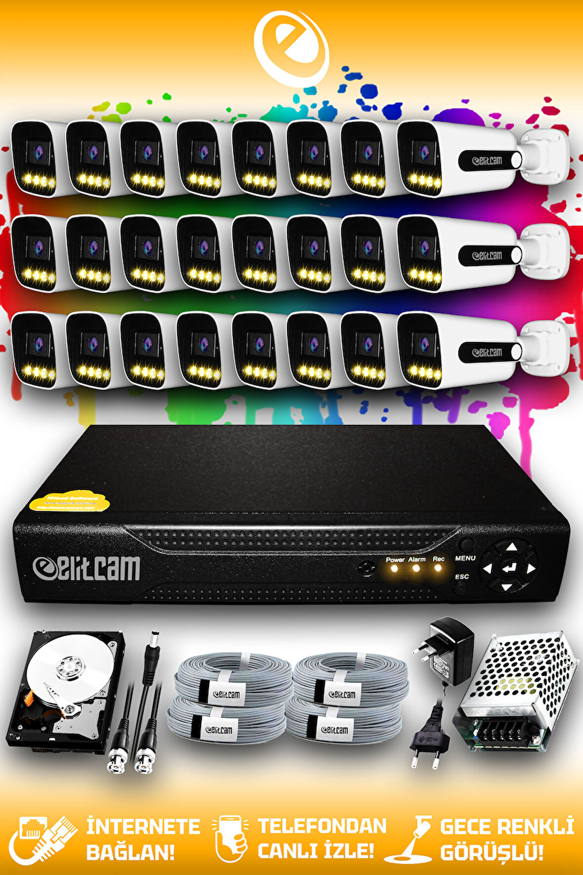 ELITCAM 24 Kameralı Zebra 24 Dış Kamera Set 1 TB HDD Full HD Renkli Gece Görüşlü Güvenlik Kamerası Sistemi