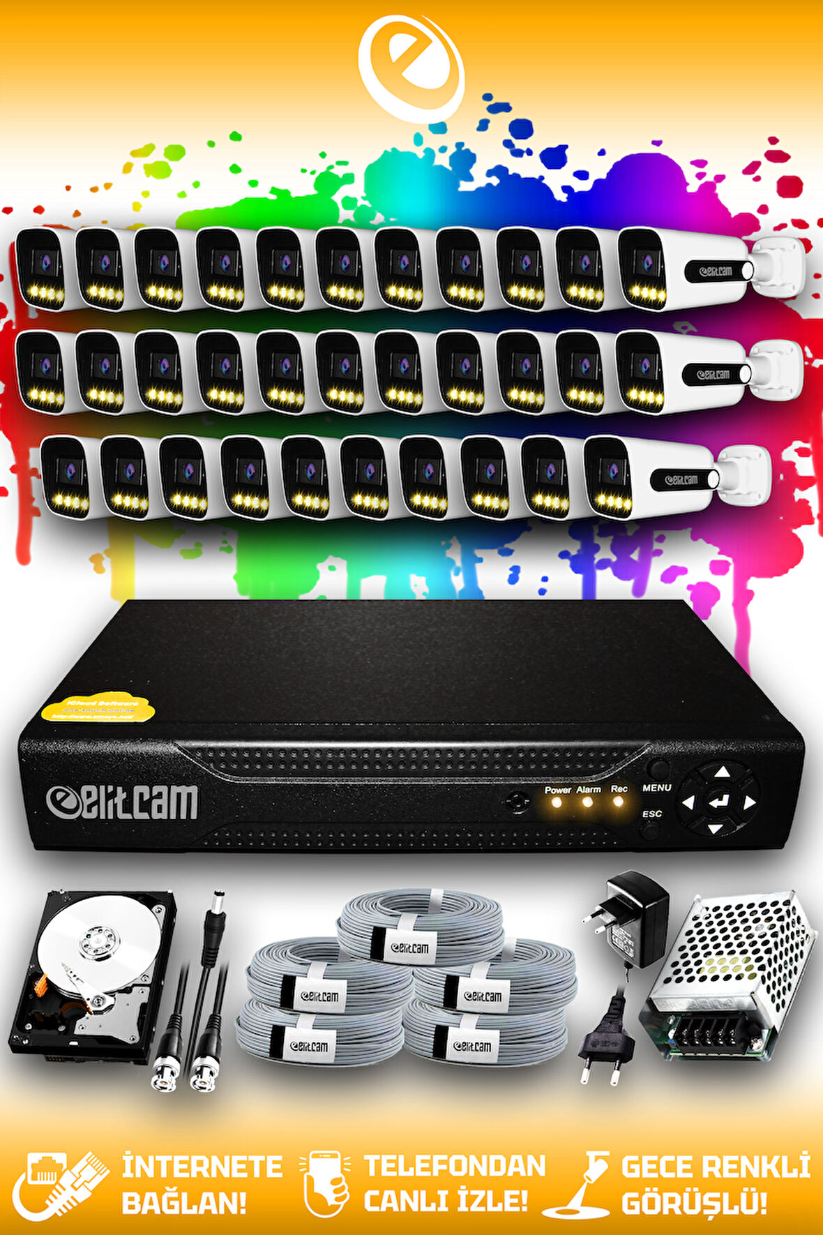 ELITCAM 32 Kameralı Zebra 32 Dış Kamera Set 2 TB HDD Full HD Renkli Gece Görüşlü Güvenlik Kamerası Sistemi