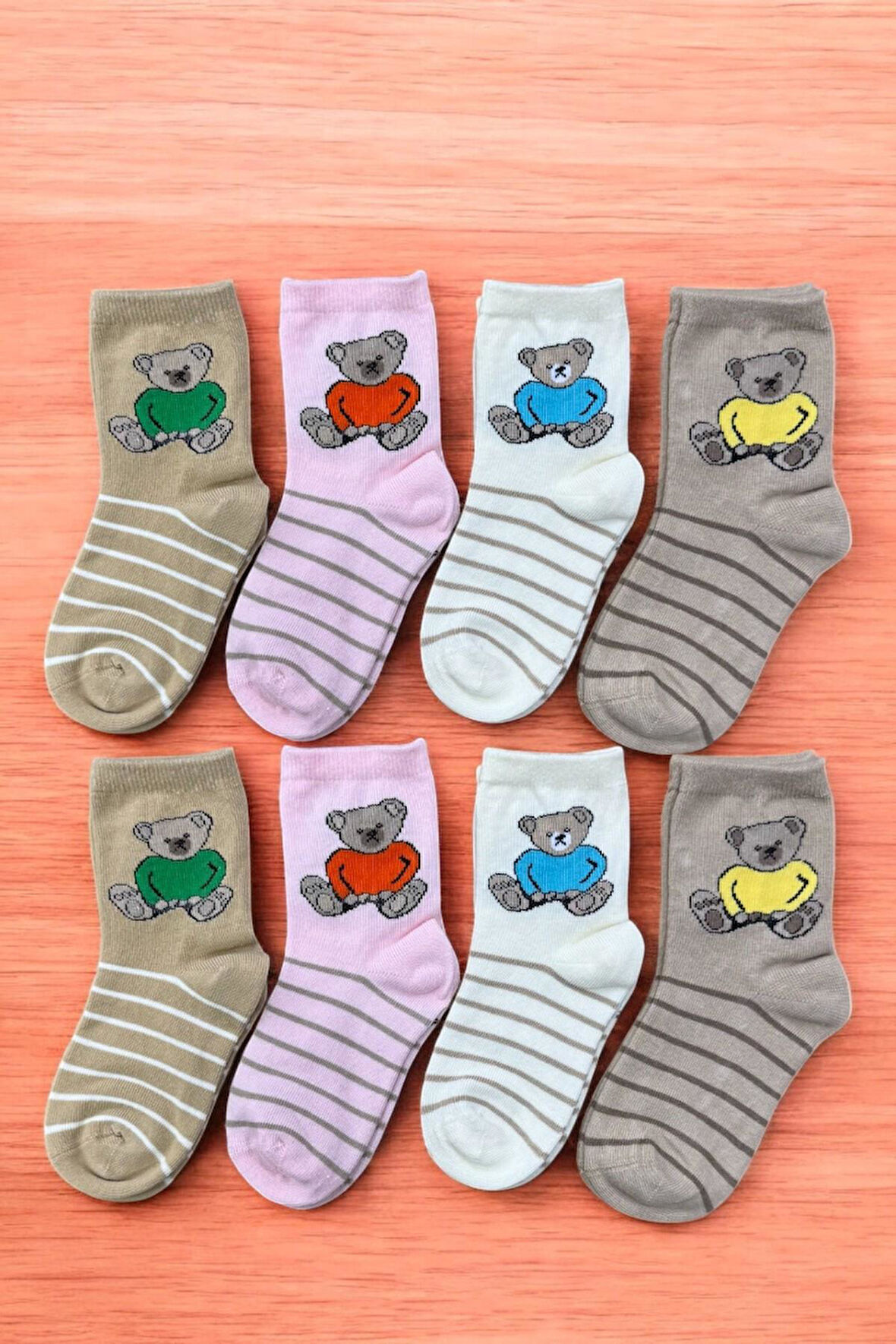 8 Çift Burun Dikişsiz Teddy Bear Desenli Kız Çocuk Soket