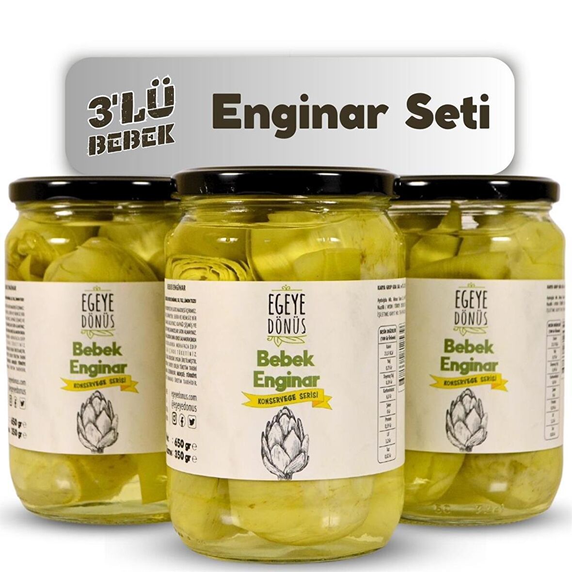 3'lü Bebek Enginar Konserve - Baby Enginar Kalbi (Yemeğe Hazır) - 3 Adet * 650 Gr.