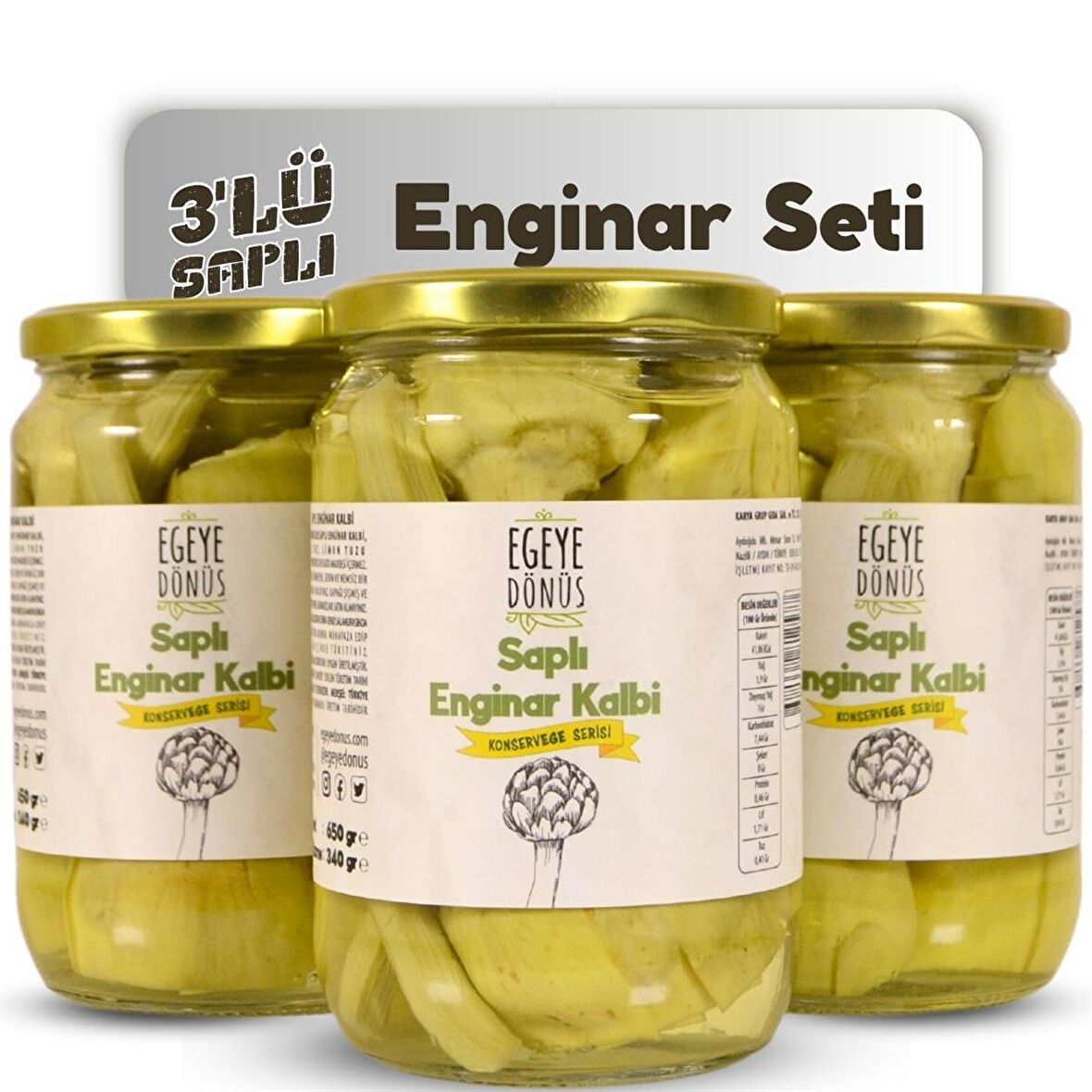 3'lü Saplı Enginar Konserve - Saplı Enginar Kalbi (Yemeğe Hazır) - 3 Adet * 650 Gr.