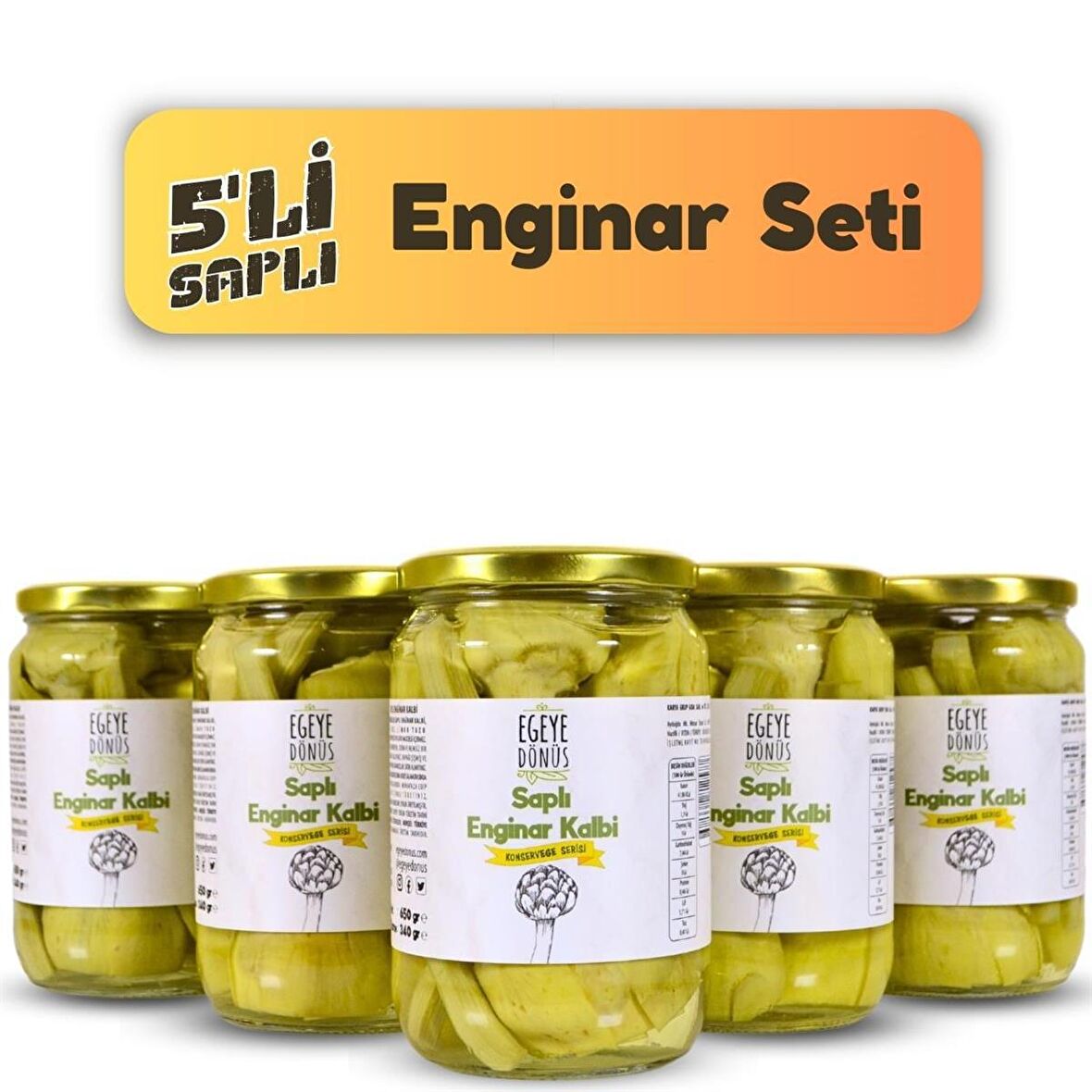 5'li Saplı Enginar Konserve - Saplı Enginar Kalbi (Yemeğe Hazır) - 5 Adet * 650 Gr.
