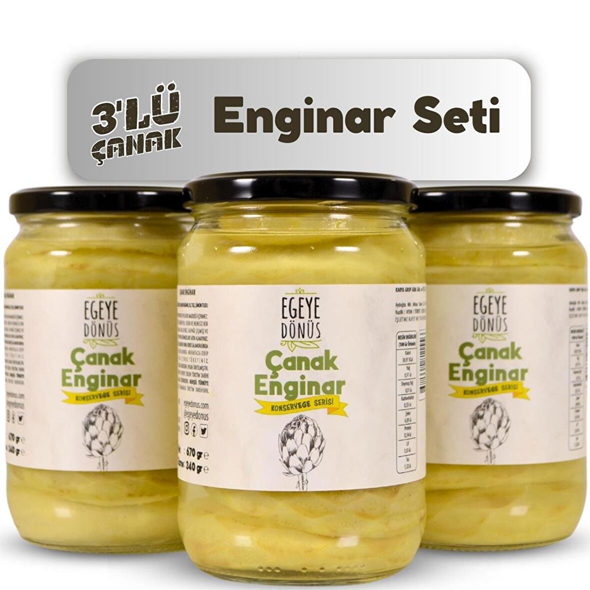 3'lü Çanak Enginar Konserve - Çanak Enginar Kalbi (Yemeğe Hazır) - 3 Adet * 670 Gr.