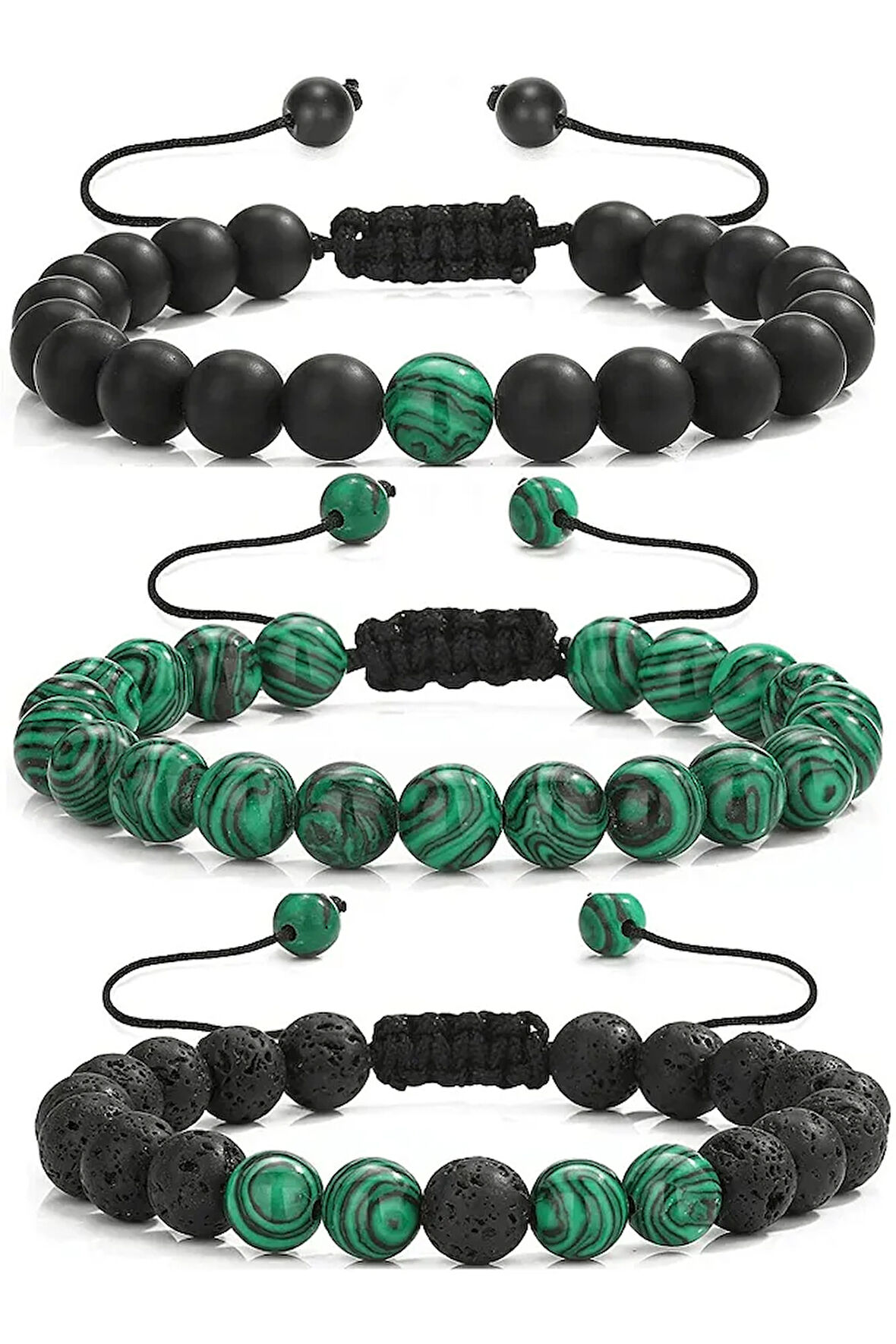 Sertifikalı Doğal Malahit Oniks Lav Taşı Üçlü Bileklik Seti