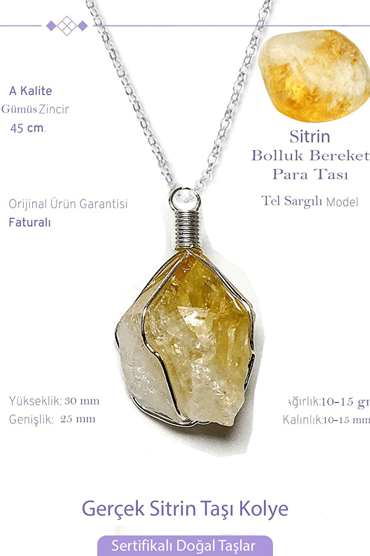 Sertifikalı Tel Sargılı Ham İşlenmemiş Sitrin Taşı Kolye
