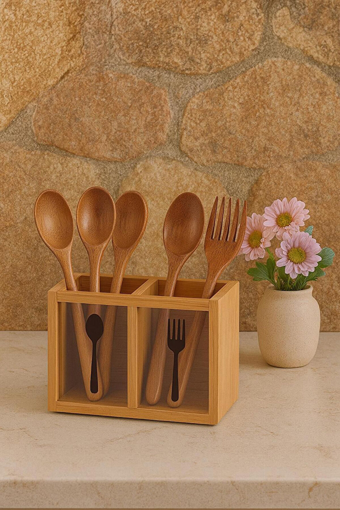 Bambu Ikili Kaşıklık Kutusu, Bambu Çatal Kaşıklık (13CM)