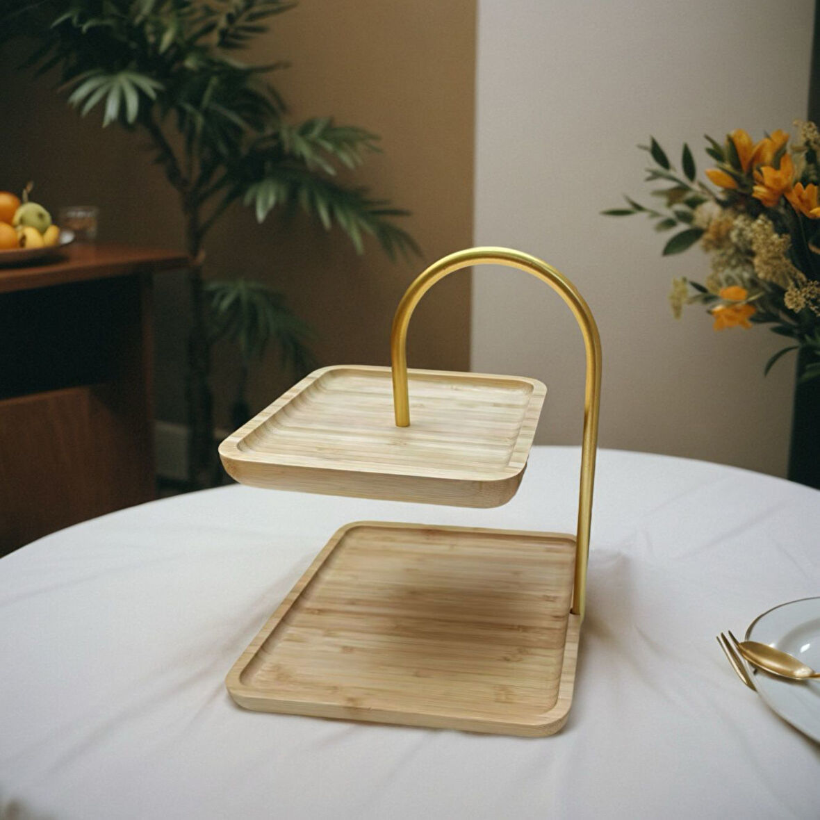Bambu 2 Katlı Stant, Sunum Standı , Çift Katlı Sunumluk, Dekoratif Stant, Sunum Seti