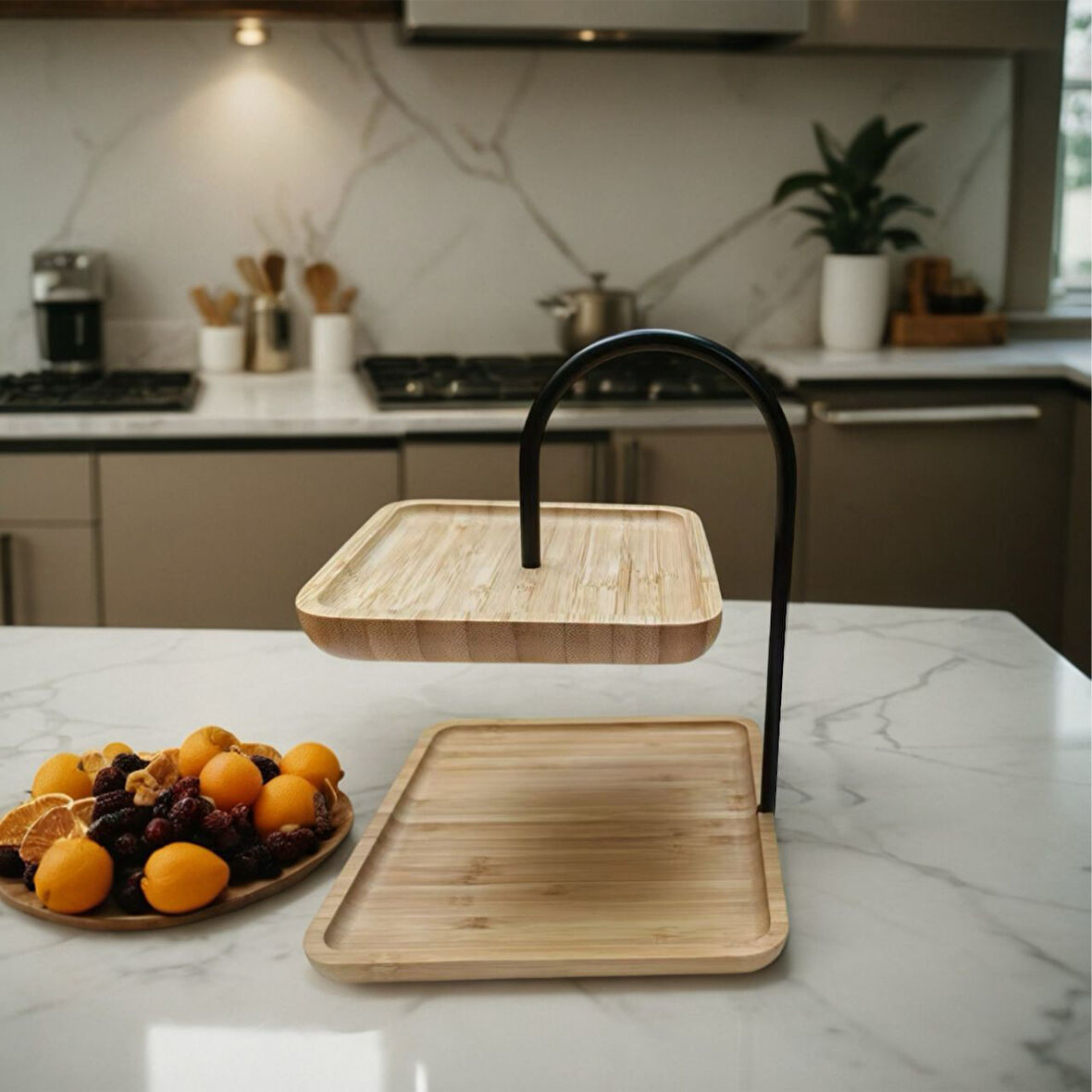 Bambu 2 Katlı Stant, Sunum Standı , Çift Katlı Sunumluk, Dekoratif Stant, Sunum Seti
