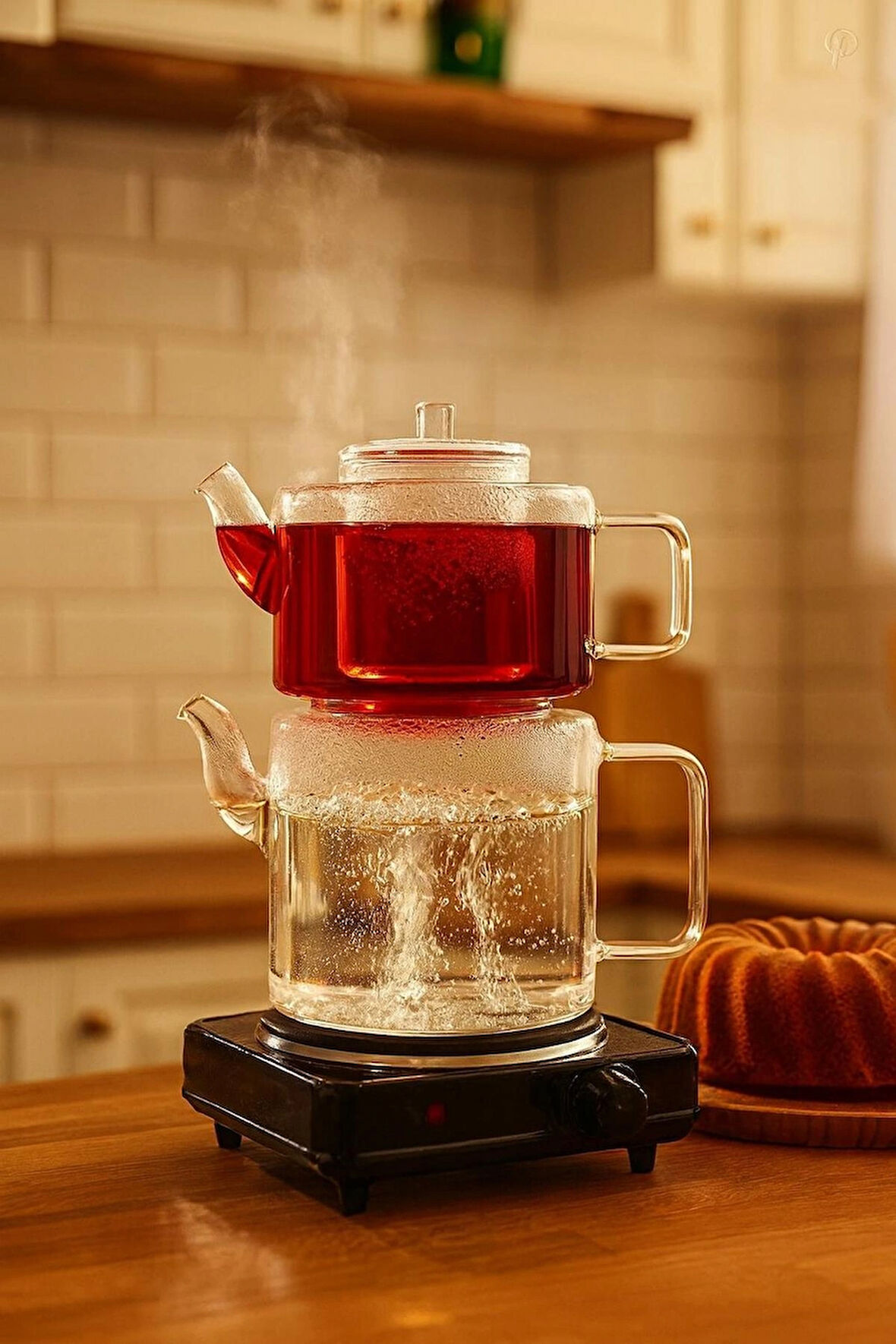 Bohem 1100 ml + 2000 ml Cam Süzgeçli Borosilikat Cam Demlik, Isıya Dayanıklı Cam Kapaklı, Çaydanlık
