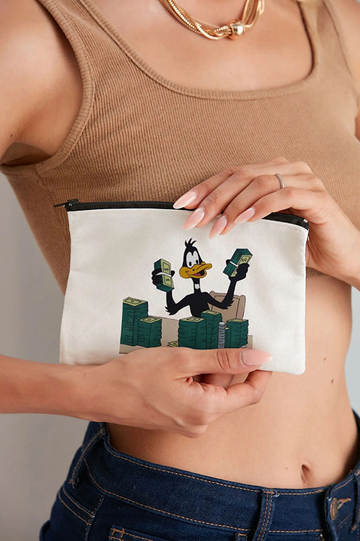 Daffy Duck Model Baskılı Özel Baskı Kozmetik Bez Makyaj Çantası Kalemlik El Çantası Hediyelik