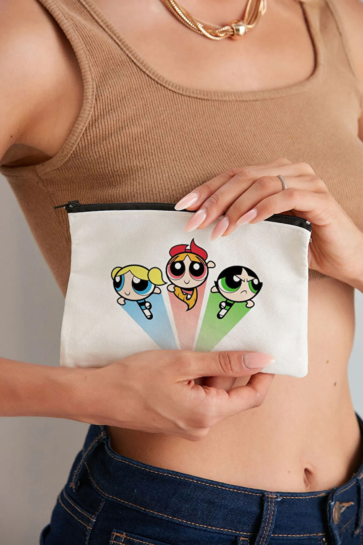 Powerpuff Girls Model Baskılı Özel Baskı Kozmetik Bez Makyaj Çantası Kalemlik El Çantası Hediyelik