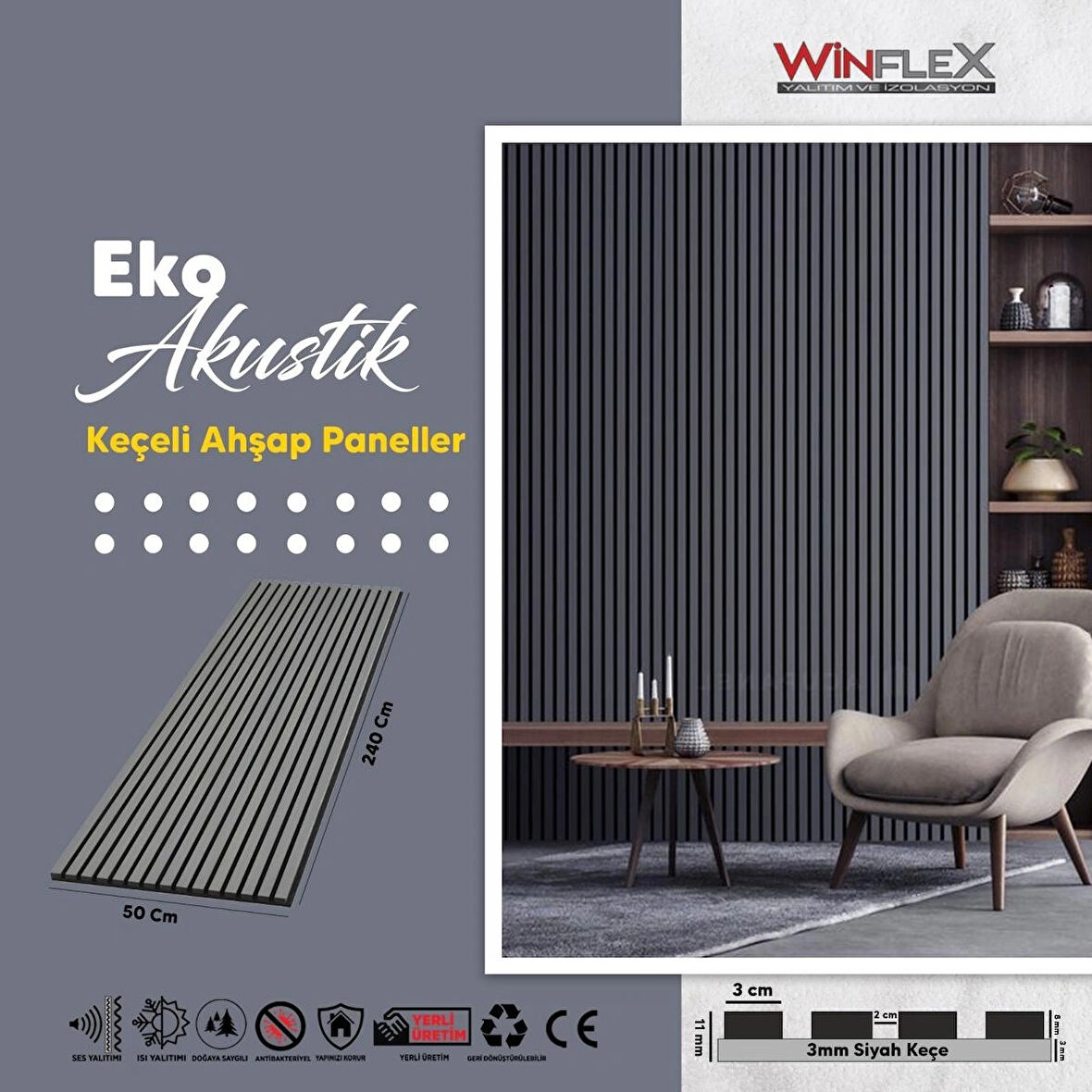 WİNFLEX EKO KEÇELİ AKUSTİK AHŞAP PANEL – ANTRASİT GRİ (50X240CM).