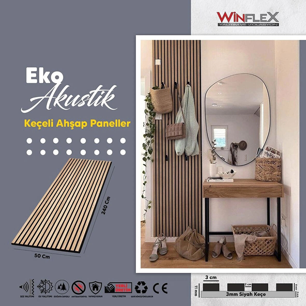 WİNFLEX EKO KEÇELİ AKUSTİK AHŞAP PANEL – SAFİR MEŞE (50X240CM).