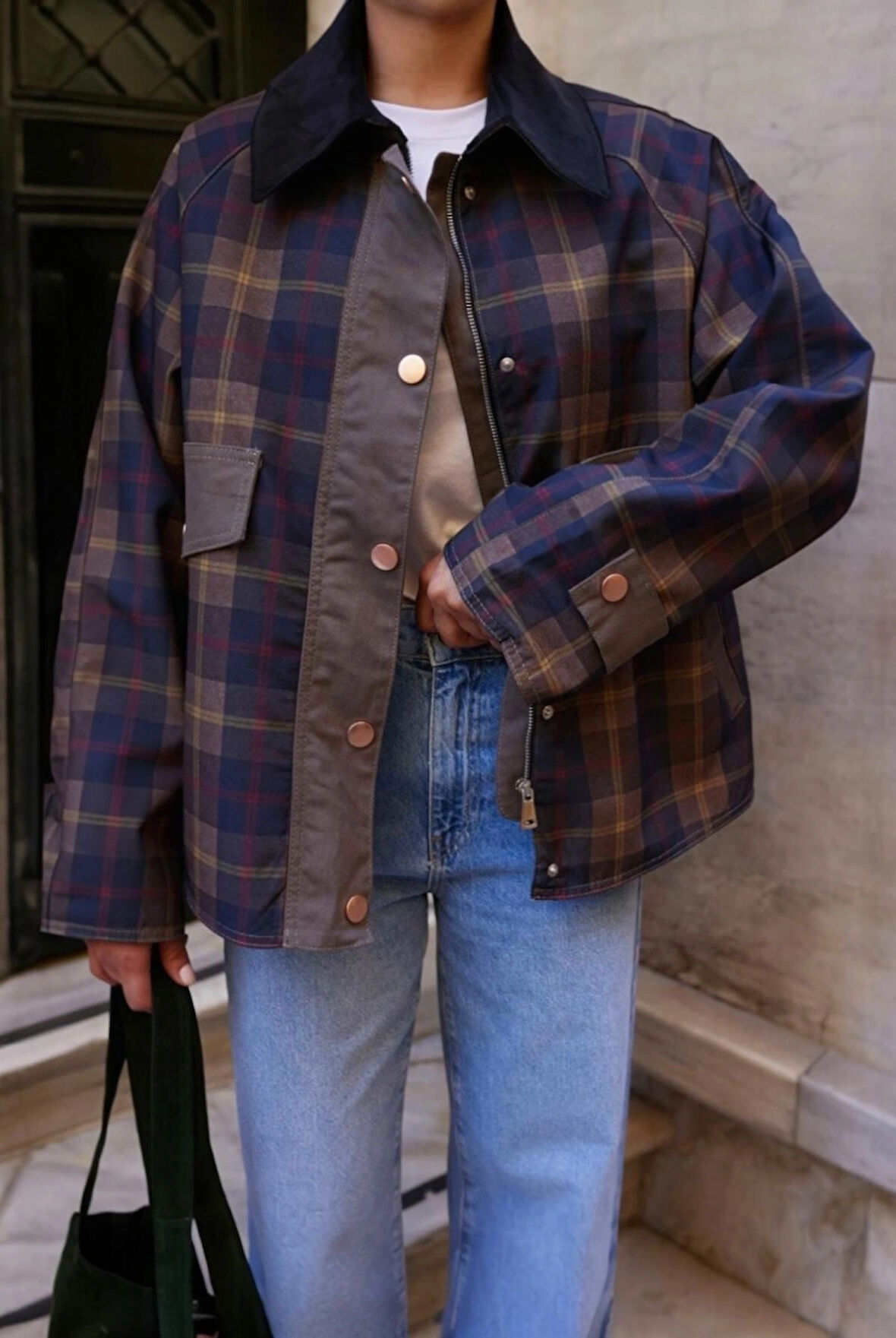 Kadın Haki Kadife Yaka Ekoseli Ceket