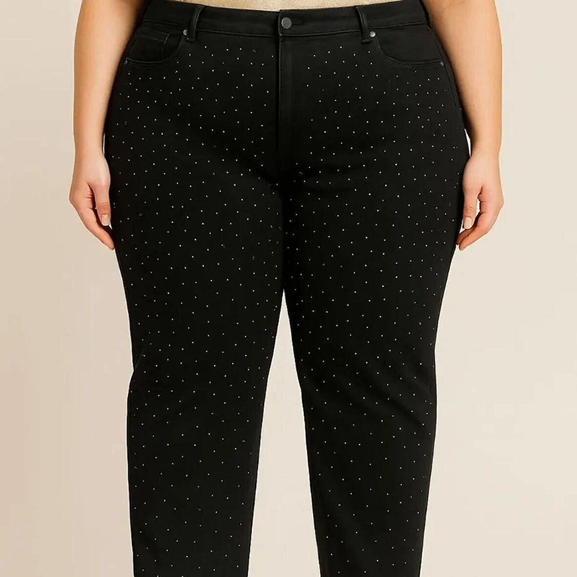 EXTRA BÜYÜK BEDEN KADIN JEANS- GENİŞ PAÇA LİKRALI ESNEK SERPME TAŞLI KOT PANTOLON