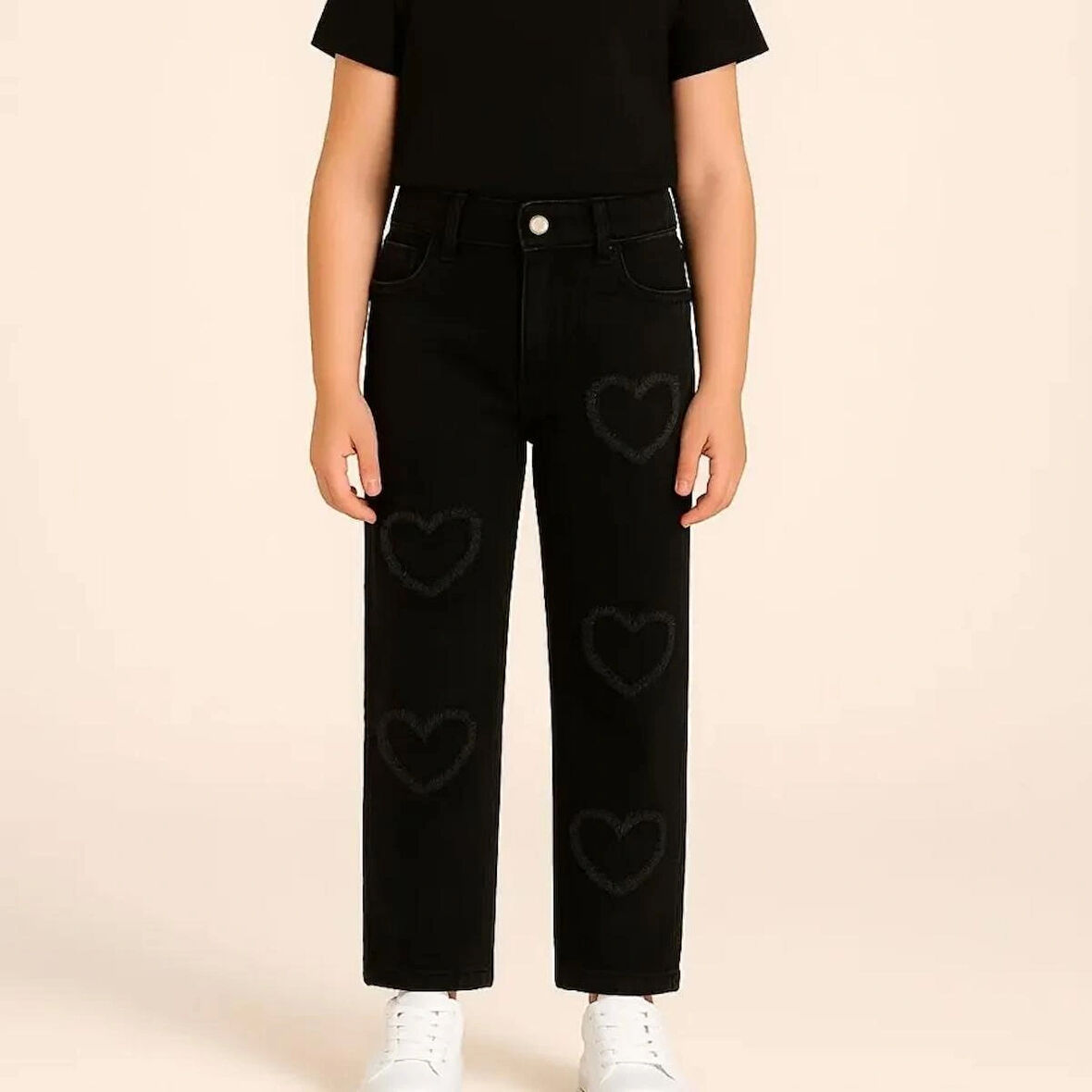 KIZ ÇOCUK JEANS- KALP DESENLİ GENİŞ PAÇA ESNEK KOT PANTOLON -SİYAH