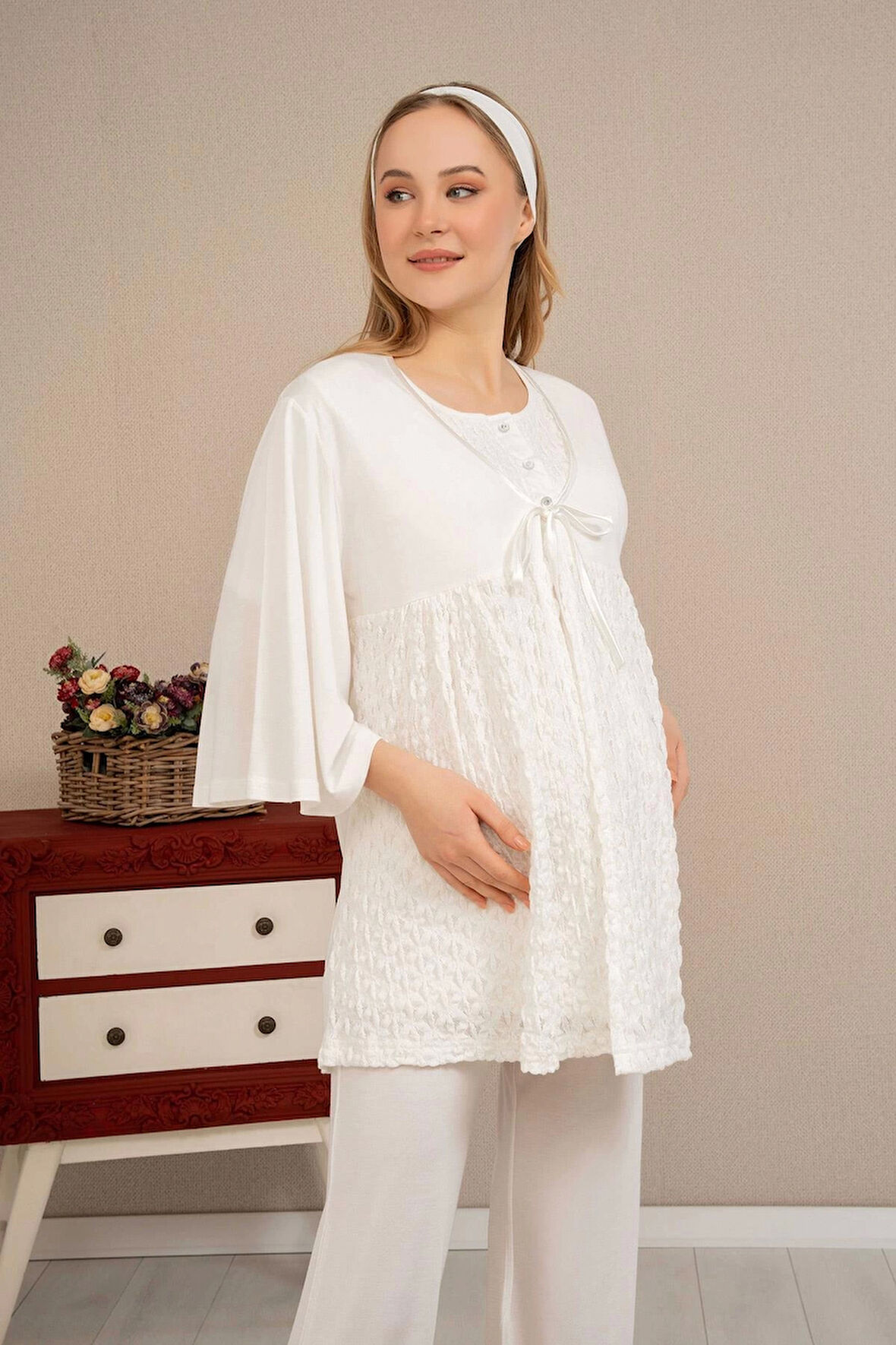 Eterelle Ba-ha 4504 Dantel Sabahlıklı Lohusa Pijama Takımı