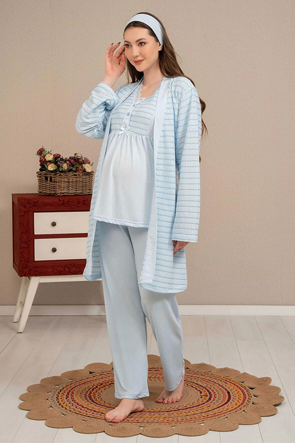 Eterelle Ba-ha 4503 Jakar Sabahlıklı Dantelli Detaylı Lohusa Pijama Takımı