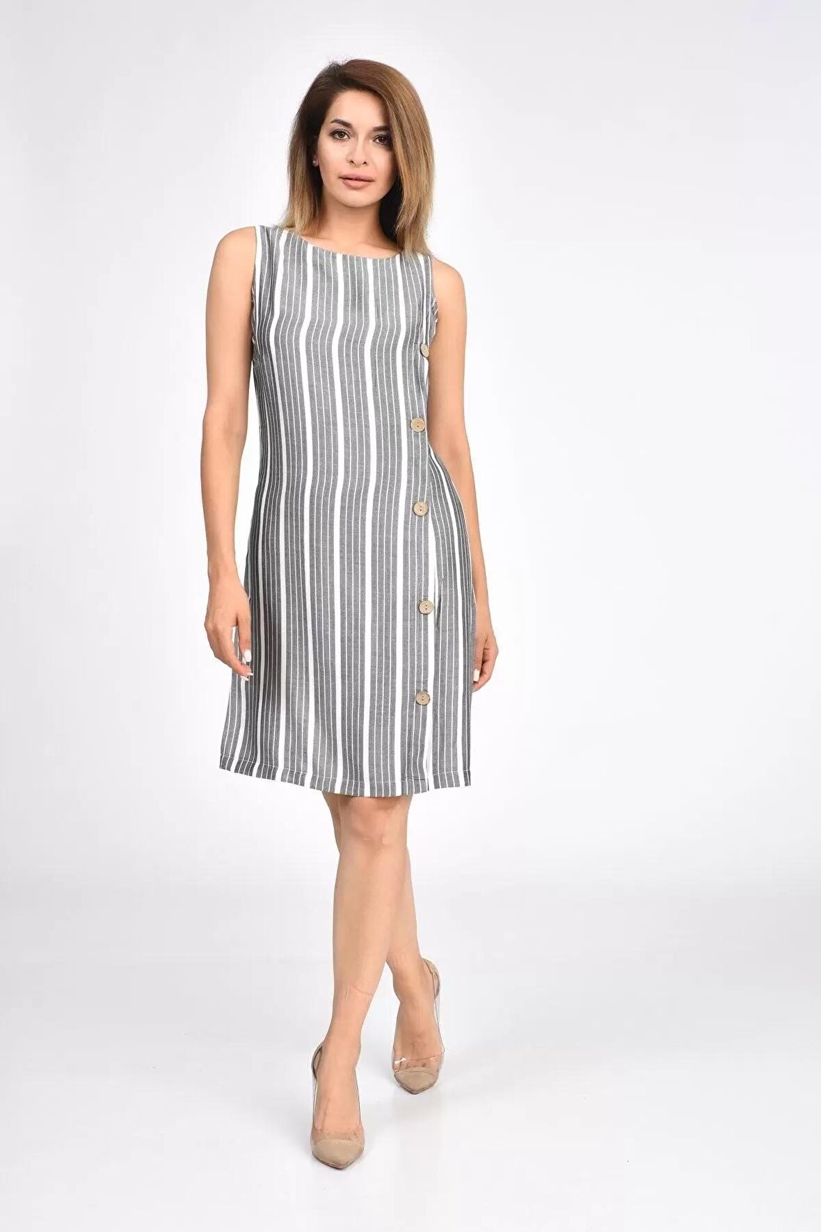Yandan Düğmeli Kalın Çizgili Gri Kadın Elbise