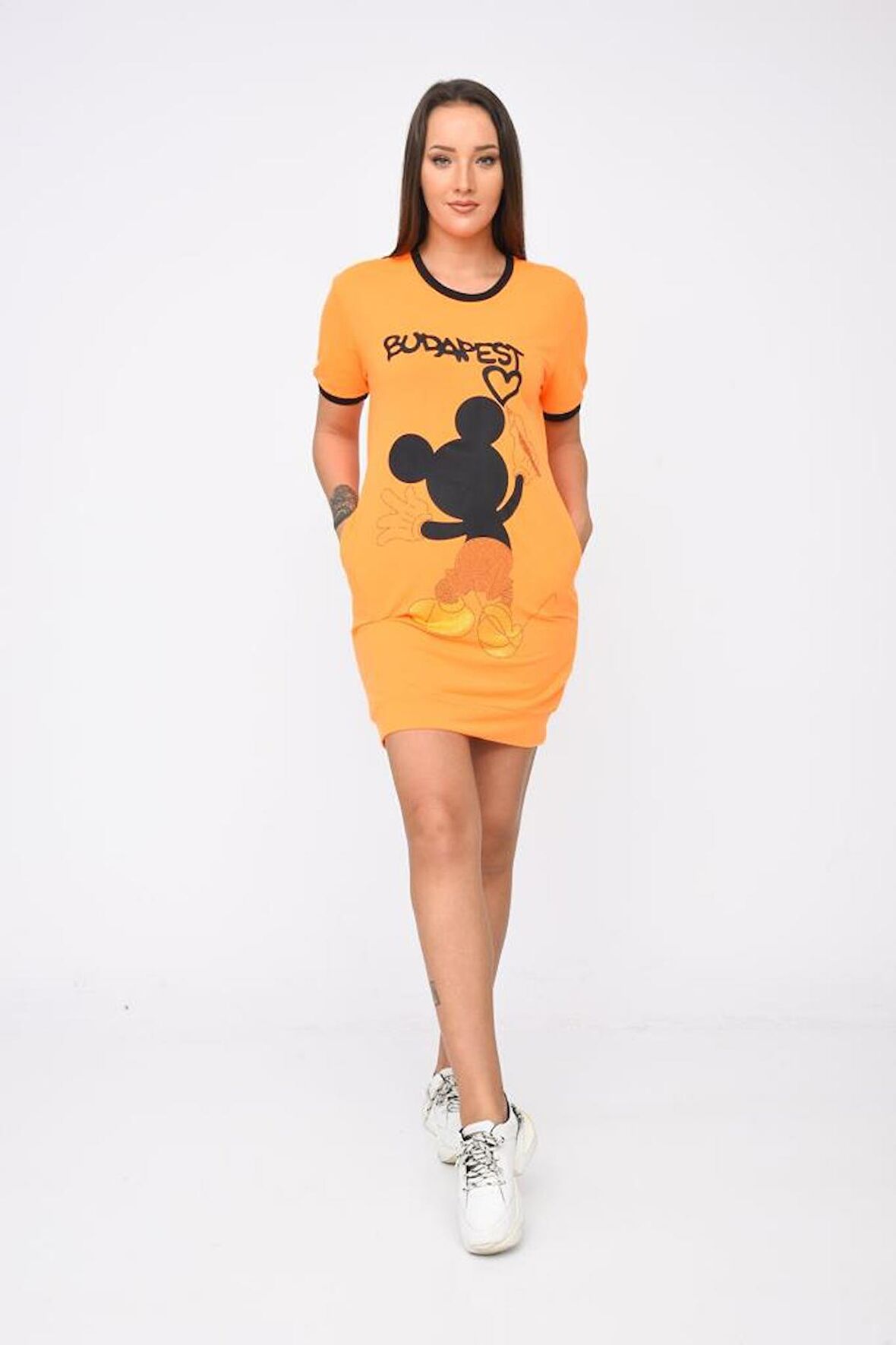 Bisiklet Yaka Baskı ve Taşlı Hardal Kadın Elbise