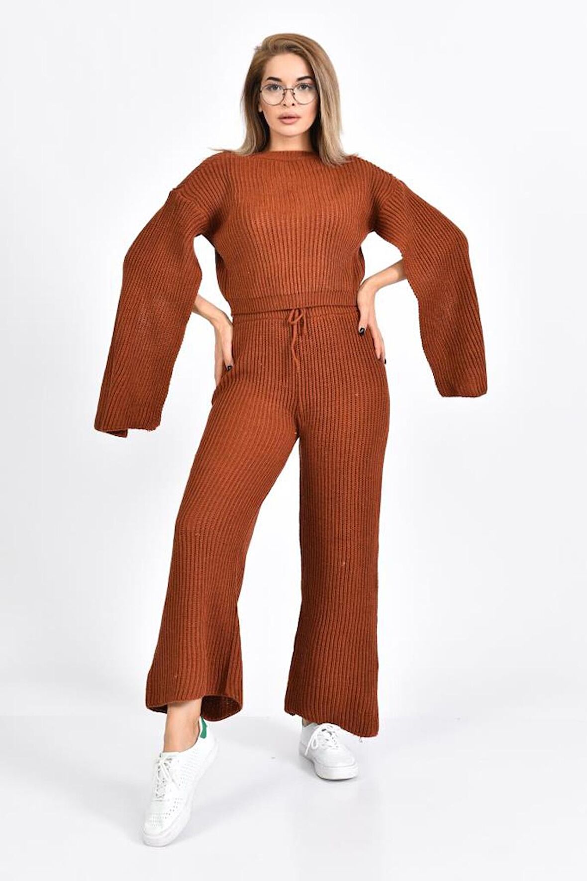 Bisiklet Yaka Asimetrik Kollu Kiremit Triko Kadın Elbise