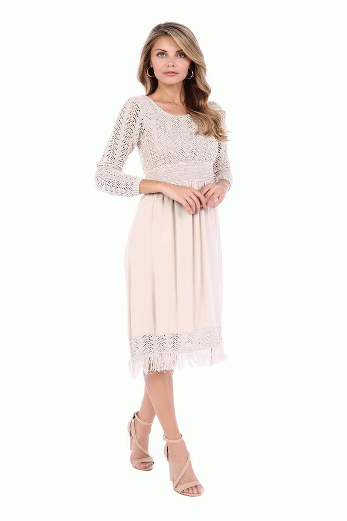 Kuş Gözlü Saçaklı Bej Triko Kadın Elbise