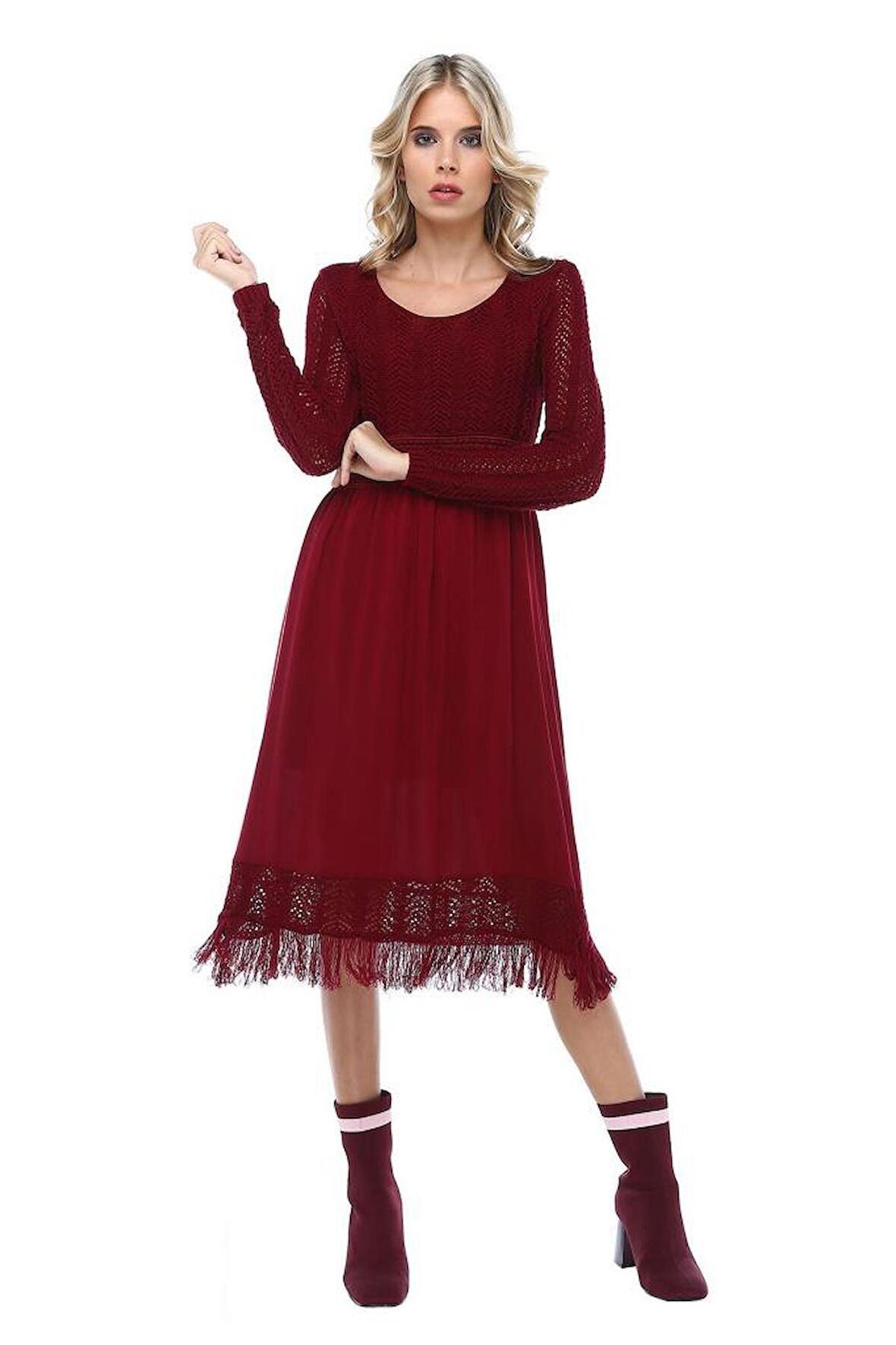 Kuş Gözlü Saçaklı Bordo Triko Kadın Elbise