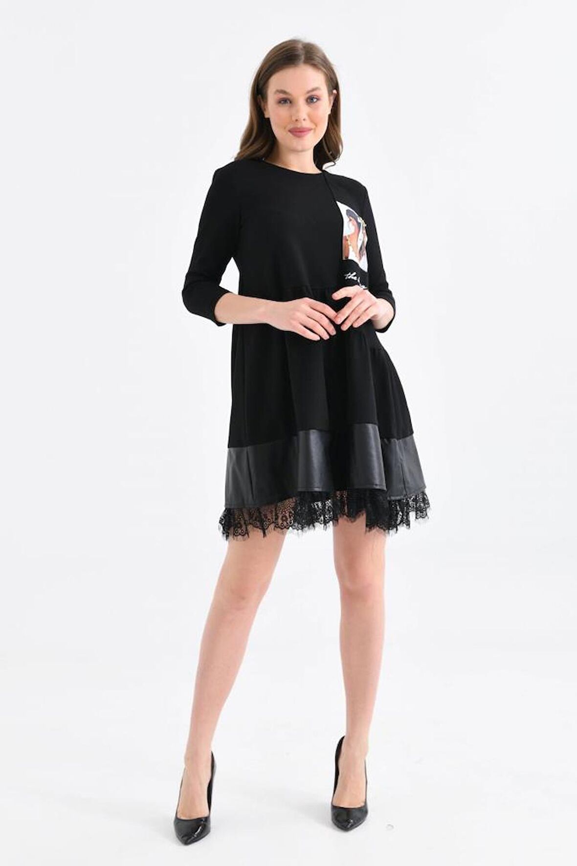 Bisiklet Yaka Deri ve Dantel Siyah Kadın Elbise
