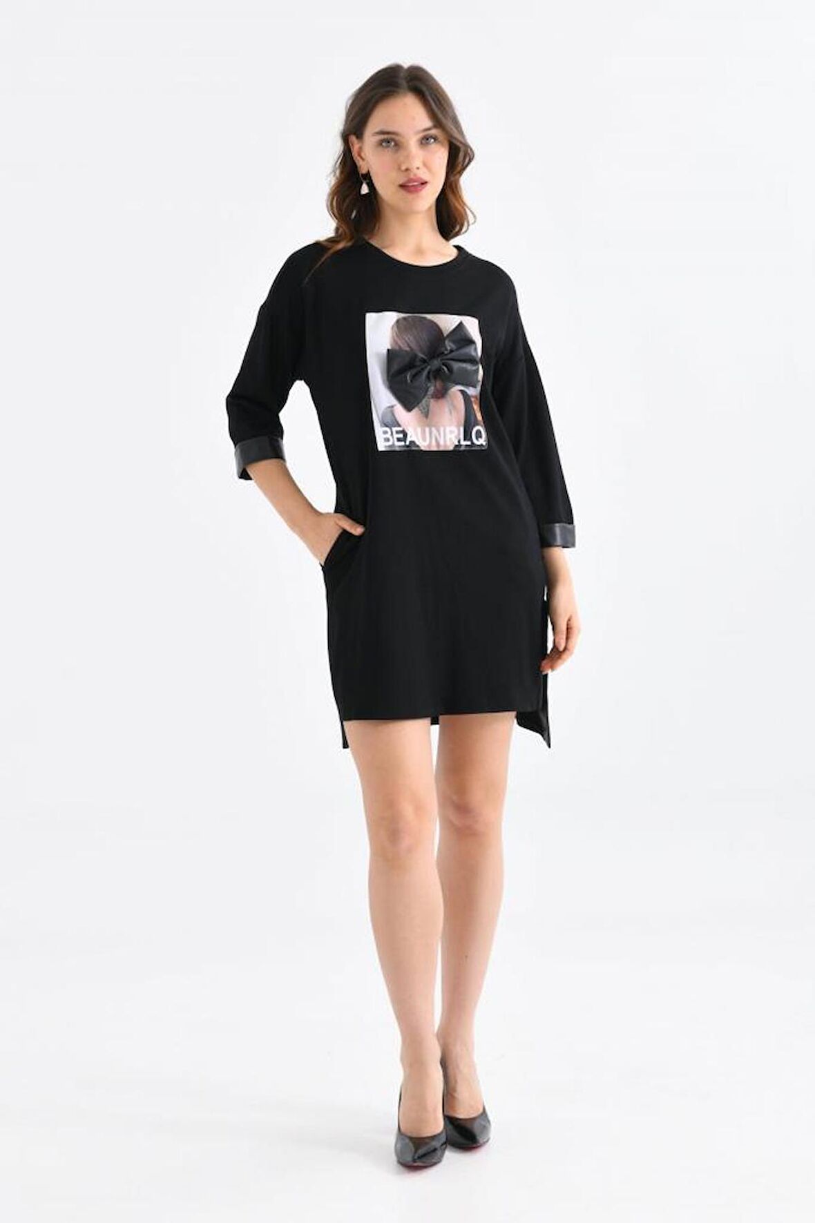 Bisiklet Yaka Deri ve Desenli Siyah Kadın Elbise