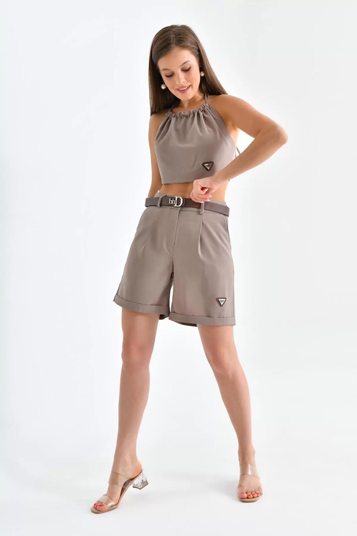 Kemerli Sırt ve Boyundan Askı Detaylı Alt Üst Vizon Kadın Elbise