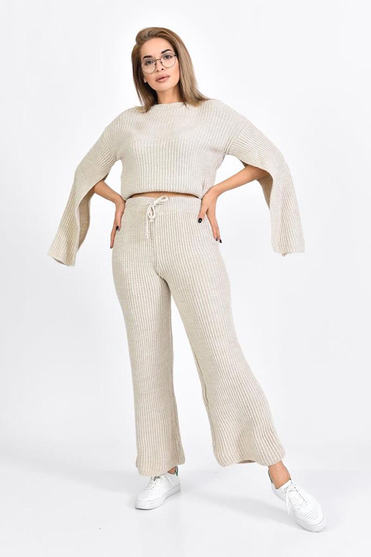 Bisiklet Yaka Asimetrik Kollu Taş Triko Kadın Elbise