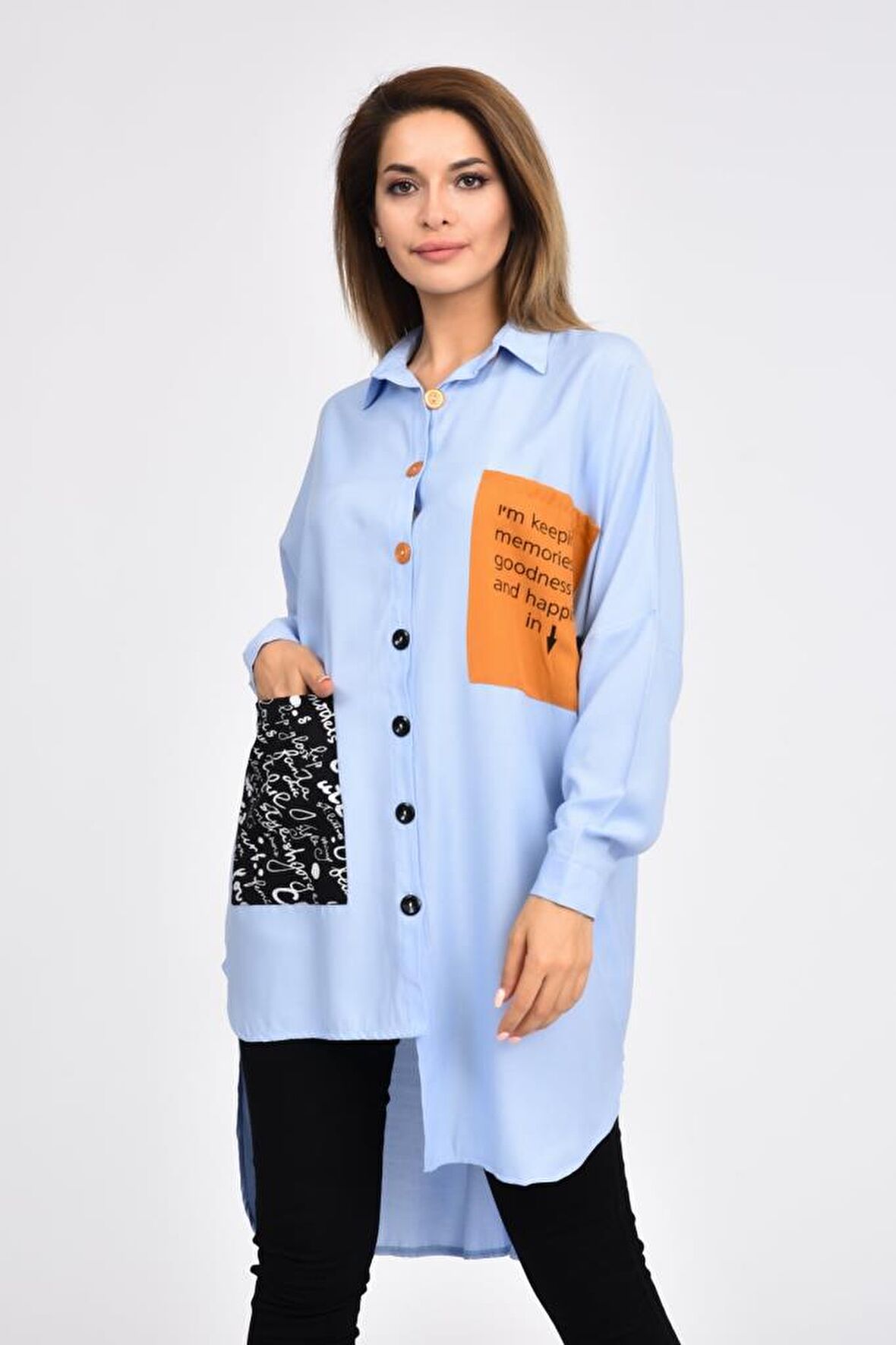 Cepli ve Baskılı Uzun Kollu Bebe Mavi Kadın Gömlek