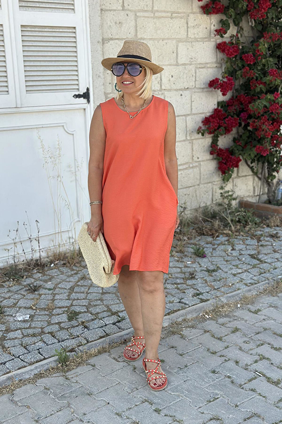 Orange Kolsuz Cepli Düz Elbise